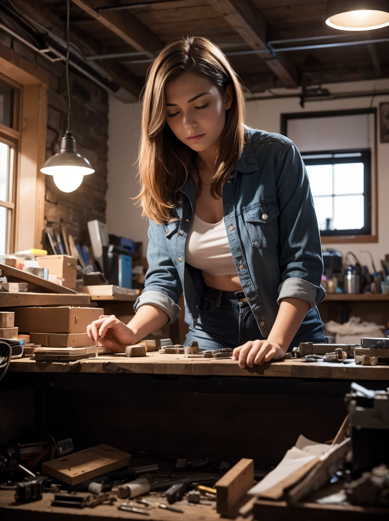 The photo is taken from the front, with the following composition: in the foreground (first low third of the image), A stack of Electronic components on a workbench. In the middle ground,(second third of the image) behind the workbench, a sexy young woman, age23, light auburn, leans forward, Both hands on the workbench, looking at the pile of waste as if she were looking at the inside of a car engine.
In the background, a snowy village, a starry night, the northern lights