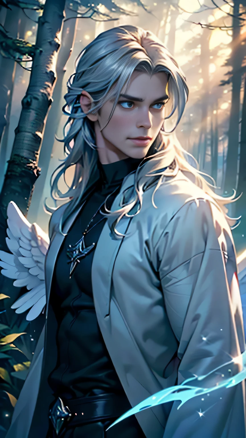 (best quality,4k,8k,highres,masterpiece:1.2),ultra-detailed,(realistic,photorealistic,photo-realistic:1.37),portrait,handsome (((male angel))) ,fantasy,shimmering eyes,long silver hair,,sharp jawline,elegant clothing, wings, enchanted forest background,mystical atmosphere,soft lighting,vibrant colors,ethereal beauty,hint of magic,wisdom,graceful stance,dark and mysterious,alluring gaze,wisps of sparkling dust,fantasy art