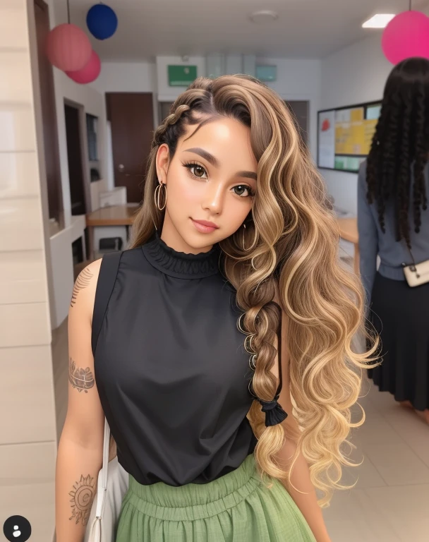 a woman with Cabelo longo e cacheado wearing a black top and green skirt, long braided curly hair, long braided curly brown hair, long curly blonde hair braided, Mulher de 30 anos de Cuba, Cabelo longo e cacheado intricate, cabelo loiro sujo e cacheado, with Cabelo longo e cacheado, looks like fabiula nascimento, cabelo castanho cacheado, Cabelo longo e cacheado