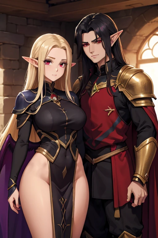 a female adult elf with weavy darkblonde hair visible forehead and demon wings wearing female purple armor next to a tall male adult good looking elf with *very long dark black hair* and red eyes wearing red armor couple dark athmosphere male with black hair