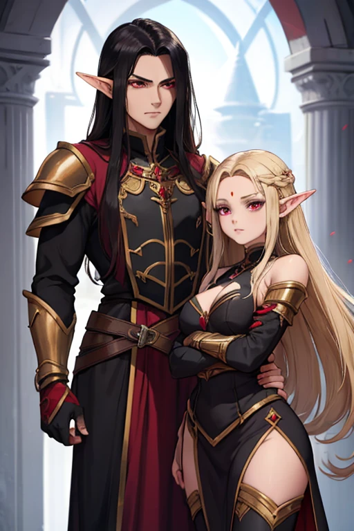 a female adult elf with weavy darkblonde hair visible forehead and demon wings wearing female purple armor next to a tall male adult good looking elf with *very long dark black hair* and red eyes wearing red armor couple dark athmosphere male with black hair