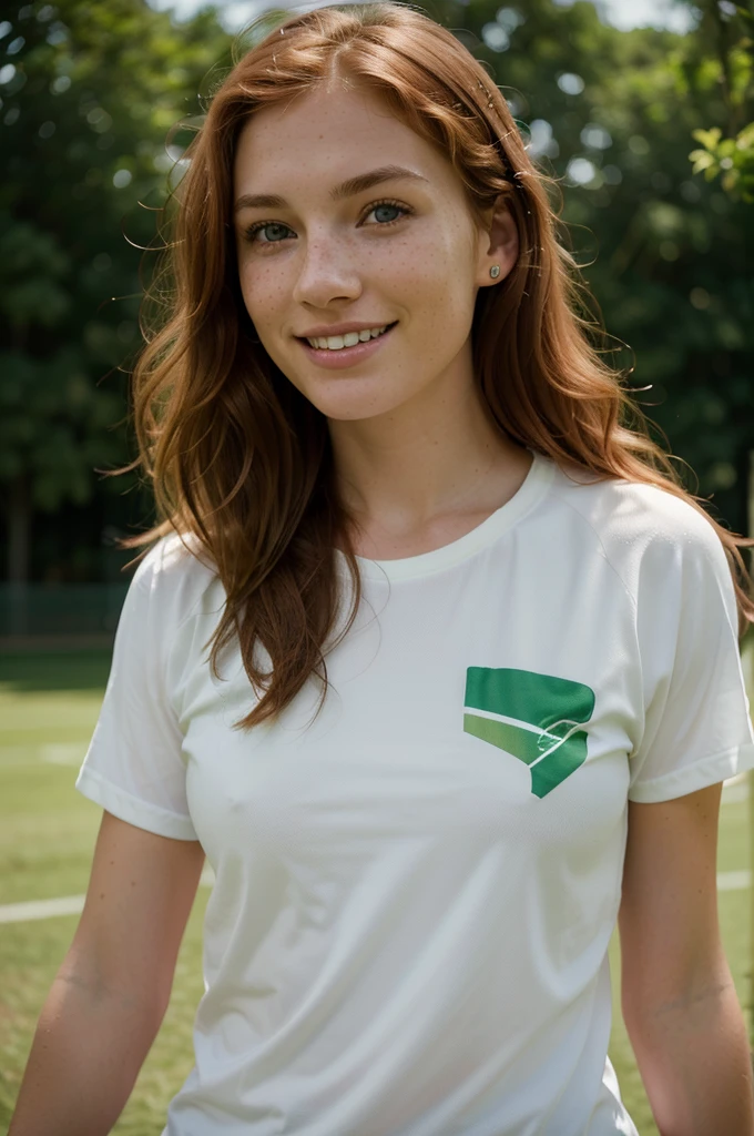Playing soccer, sports cloth, Woman, American, 25 years old, fair skin with freckles, green-gray eyes, delicate nose, soft and delicate lips, long wavy ginger-hair, big smile. full body portrait photograph. ultra high res.photo realistic: 1.4, UDH,