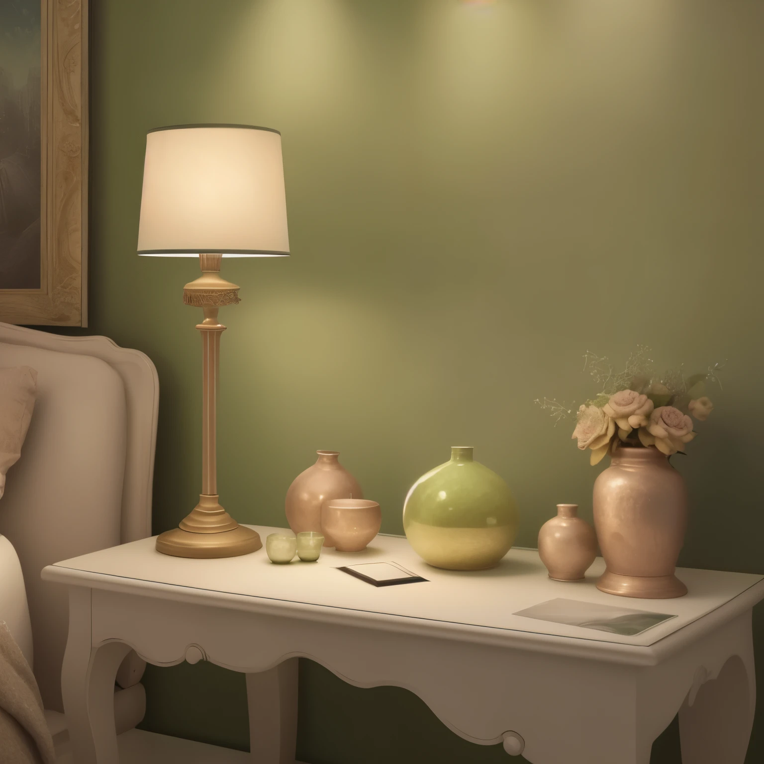 there is a table with a lamp, vases and a book on it, Soft lighting colors, Visualized lighting, realistic afternoon lighting, detail. greenish lighting, dim lighting, The volumetric lighting is beautiful, Soft green lighting, Realistic soft lighting, Soft, natural volumetric lighting, with Photorealistic lighting, soft ambient lighting, Photorealistic lighting, Realistic volumetric lighting