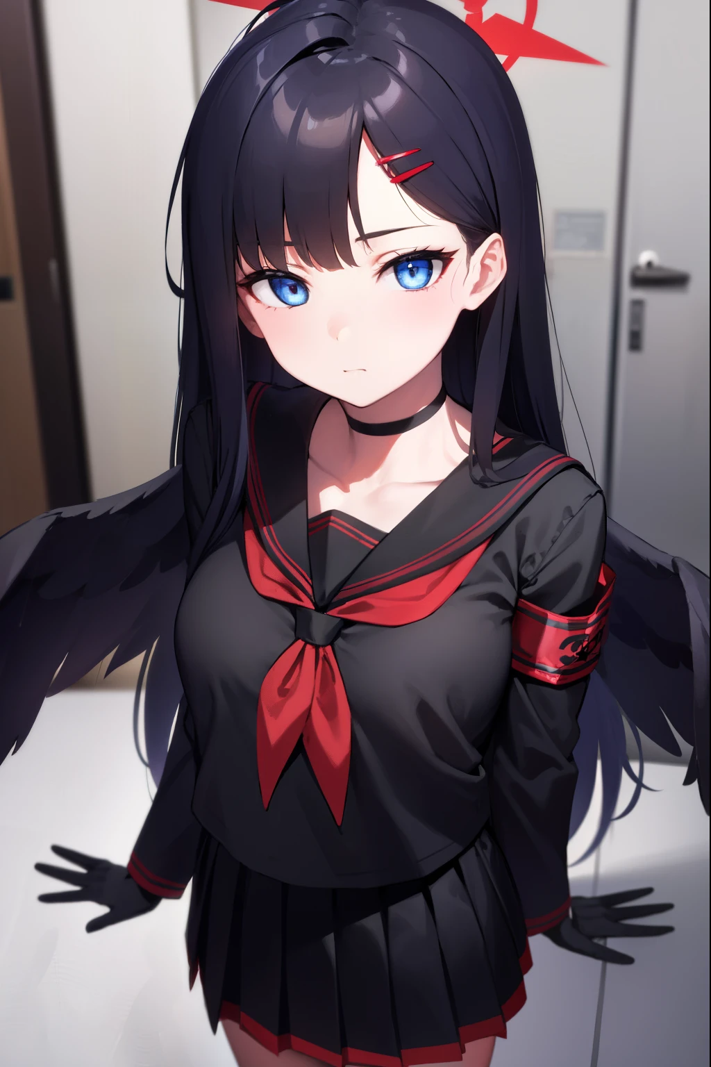 ichikanakamasa, ichika nakamasa, ahoge, black hair, black wings, feathered wings, hair ornament, hairclip, halo, long hair, low wings, red halo, wings,
BREAK armband, black choker, black gloves, black sailor collar, black serafuku, black skirt, choker, gloves, long sleeves, neckerchief, pleated skirt, red neckerchief, safety pin, sailor collar, school uniform, serafuku, skirt,
BREAK looking at viewer, upper body, full body,
BREAK indoors, classroom,
BREAK (masterpiece:1.2), best quality, high resolution, unity 8k wallpaper, (illustration:0.8), (beautiful detailed eyes:1.6), extremely detailed face, perfect lighting, extremely detailed CG, (perfect hands, perfect anatomy),