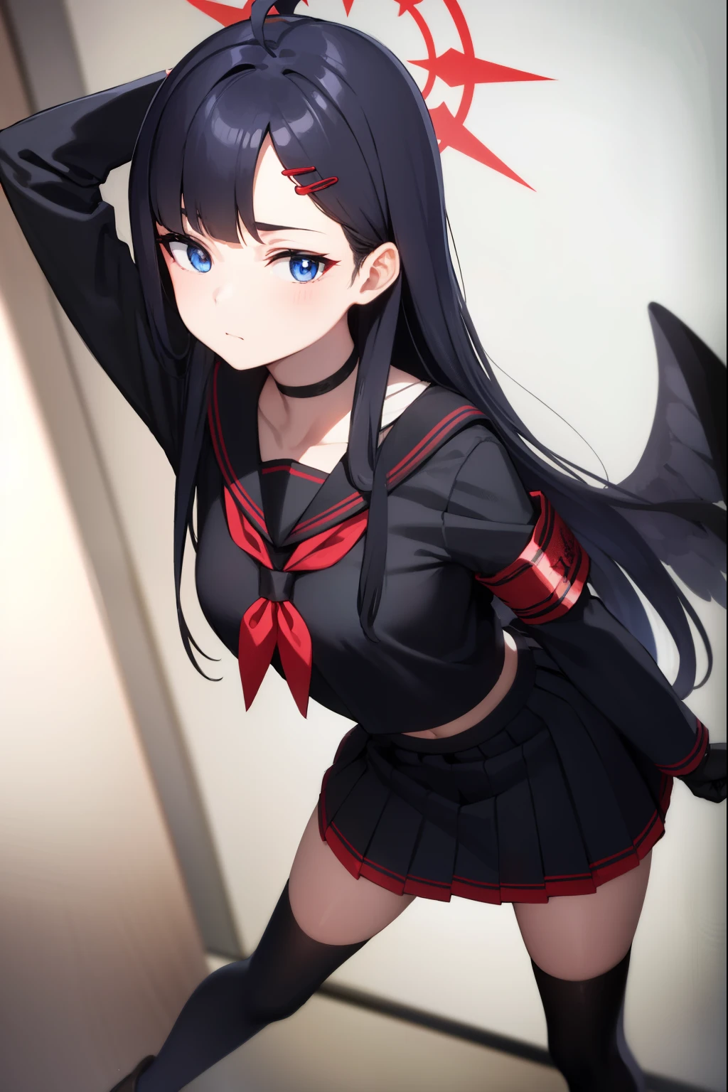 ichikanakamasa, ichika nakamasa, ahoge, black hair, black wings, feathered wings, hair ornament, hairclip, halo, long hair, low wings, red halo, wings,
BREAK armband, black choker, black gloves, black sailor collar, black serafuku, black skirt, choker, gloves, long sleeves, neckerchief, pleated skirt, red neckerchief, safety pin, sailor collar, school uniform, serafuku, skirt,
BREAK looking at viewer, upper body, full body,
BREAK indoors, classroom,
BREAK (masterpiece:1.2), best quality, high resolution, unity 8k wallpaper, (illustration:0.8), (beautiful detailed eyes:1.6), extremely detailed face, perfect lighting, extremely detailed CG, (perfect hands, perfect anatomy),