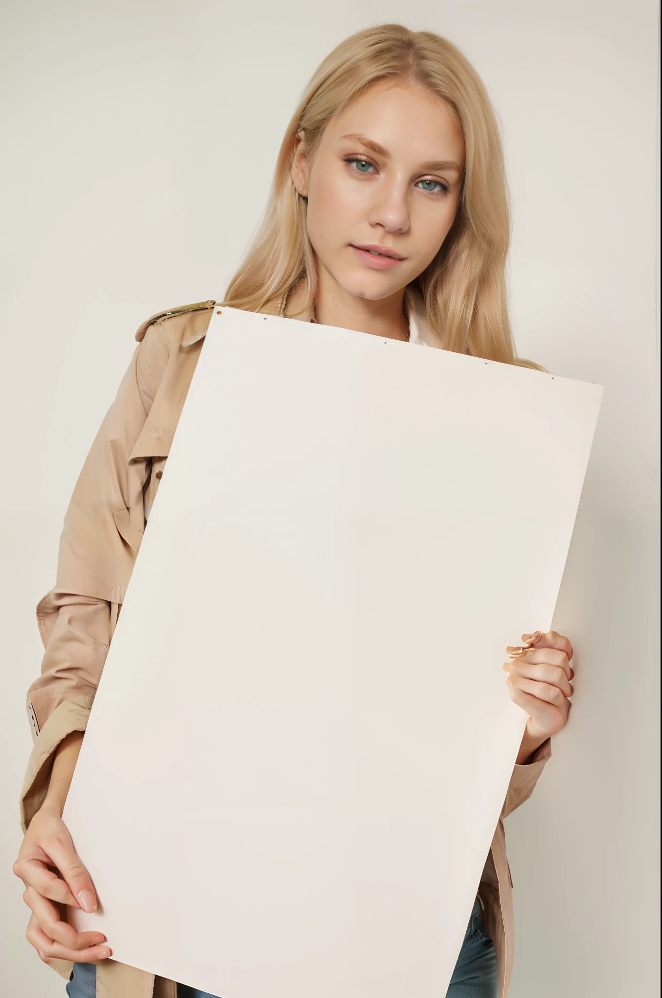 23 year old female reporter with dirty MEDIUM blonde hair, wearing Jeans and shirt and blazer jacket, pink lips, holding a big plain white poster, dirty medium blonde hair, green eyes, realistic photography