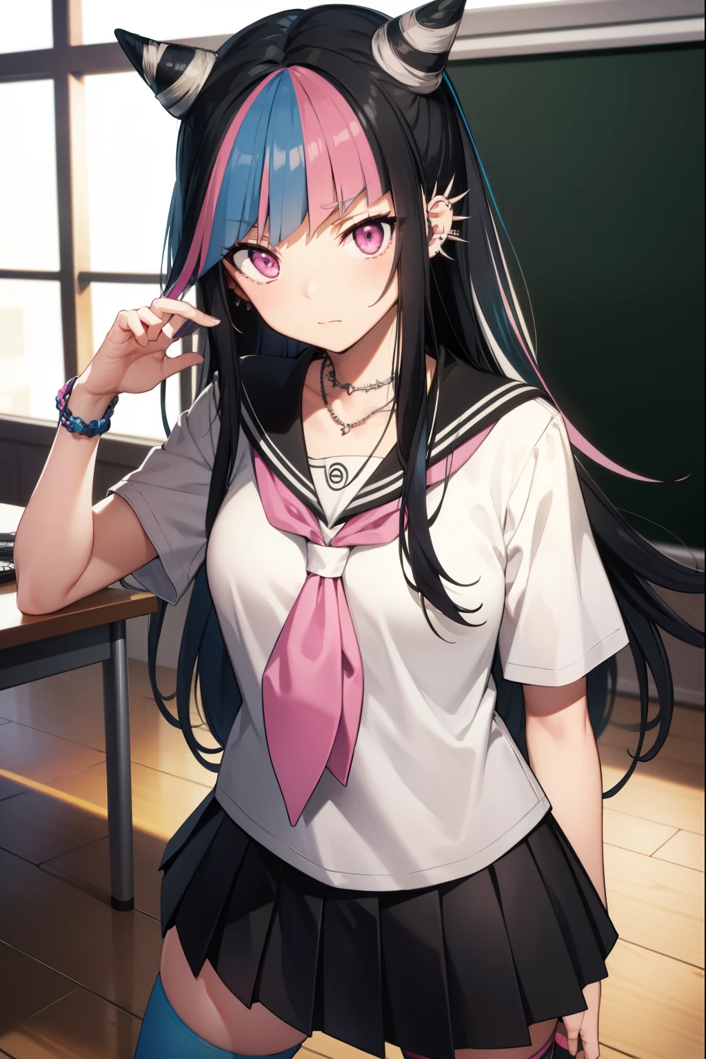 ibukimioda, ibuki mioda, black hair, blue hair, hair horns, ear piercing, lip piercing, long hair, multicolored hair, (pink eyes:1.5), pink hair, white hair,
BREAK asymmetrical legwear, black skirt, blue thighhighs, jewelry, mismatched legwear, neckerchief, necklace, piercing, pleated skirt, ring, school uniform, serafuku, shirt, skirt, thighhighs, torn clothes, torn thighhighs, zettai ryouiki,
BREAK looking at viewer,
BREAK indoors, classroom,
BREAK (masterpiece:1.2), best quality, high resolution, unity 8k wallpaper, (illustration:0.8), (beautiful detailed eyes:1.6), extremely detailed face, perfect lighting, extremely detailed CG, (perfect hands, perfect anatomy),