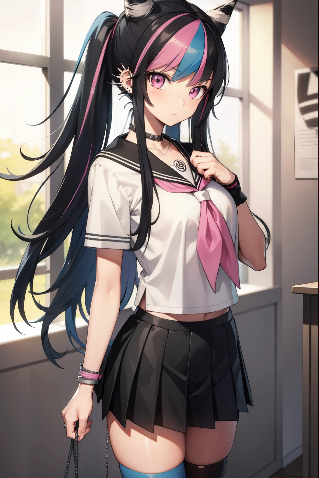 ibukimioda, ibuki mioda, black hair, blue hair, hair horns, ear piercing, lip piercing, long hair, multicolored hair, (pink eyes:1.5), pink hair, white hair,
BREAK asymmetrical legwear, black skirt, blue thighhighs, jewelry, mismatched legwear, neckerchief, necklace, piercing, pleated skirt, ring, school uniform, serafuku, shirt, skirt, thighhighs, torn clothes, torn thighhighs, zettai ryouiki,
BREAK looking at viewer,
BREAK indoors, classroom,
BREAK (masterpiece:1.2), best quality, high resolution, unity 8k wallpaper, (illustration:0.8), (beautiful detailed eyes:1.6), extremely detailed face, perfect lighting, extremely detailed CG, (perfect hands, perfect anatomy),