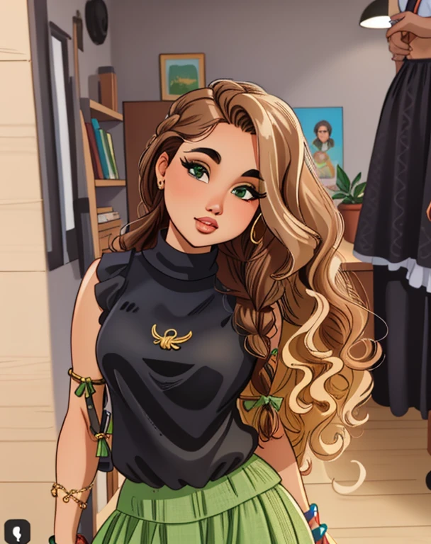 a woman with Cabelo longo e cacheado wearing a black top and green skirt, long braided curly hair, long braided curly brown hair, long curly blonde hair braided, Mulher de 30 anos de Cuba, Cabelo longo e cacheado intricate, cabelo loiro sujo e cacheado, with Cabelo longo e cacheado, looks like fabiula nascimento, cabelo castanho cacheado, Cabelo longo e cacheado