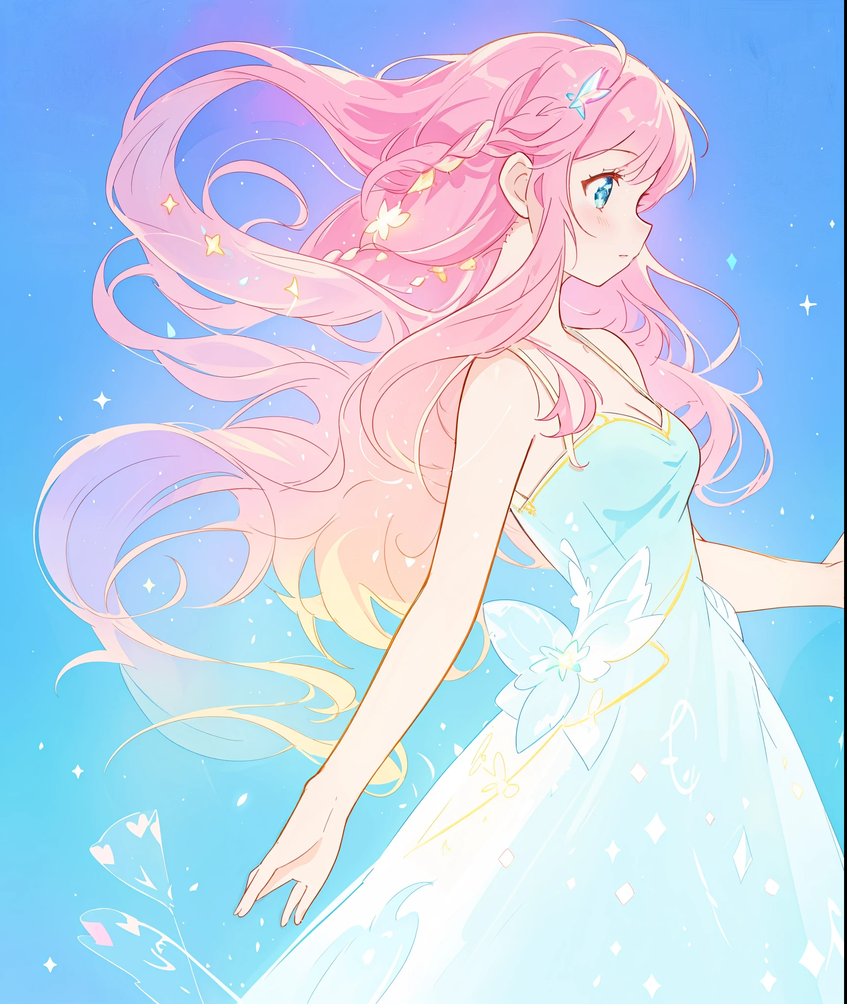 beautiful girl,  white ballgown, vibrant pastel colors, (colorful), long flowing liquid pink hair, magical lights, sparkling magical liquid, inspired by Glen Keane, inspired by Lois van Baarle, disney art style, by Lois van Baarle, glowing aura around her, by Glen Keane, jen bartel, glowing lights! digital painting, flowing glowing hair, glowing flowing hair, beautiful digital illustration, fantasia background, whimsical, magical, fantasy, ((masterpiece, best quality)), intricate details, highly detailed, sharp focus, 8k resolution, sparkling detailed eyes, liquid watercolor