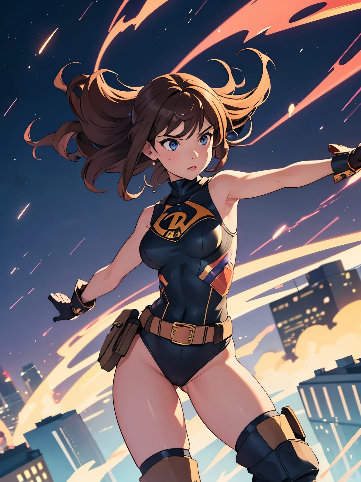 1girl, medium breasts, leotard, bare legs, tight belt, boots, matching boots, gloves, city backdrop, solo, single, full body shot, cowboy shot, superhero, beautiful detailed eyes, mature lady, star symbol on chest, brown hair, high leg leotard, spinning her body in rapid speed like a tornado, wind swirls, rapid gyration, girl tornado spinning girl, turning to a whirlwind, outstretched arms, standing