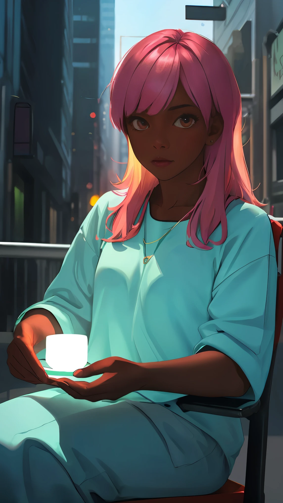 Pretty woman with dark skin sitting on a hillside, soft hair, funkypop, cyberdelic, grunge, hyperrealistic anime, lofi art, luminism, manga, medium shot, chemiluminescence, flare, flourescent lightin, character design, atey ghailan, basquiat, colorful_frequencies, electric colors, iridescent, dynamic pose, nouveau realisme, city background,