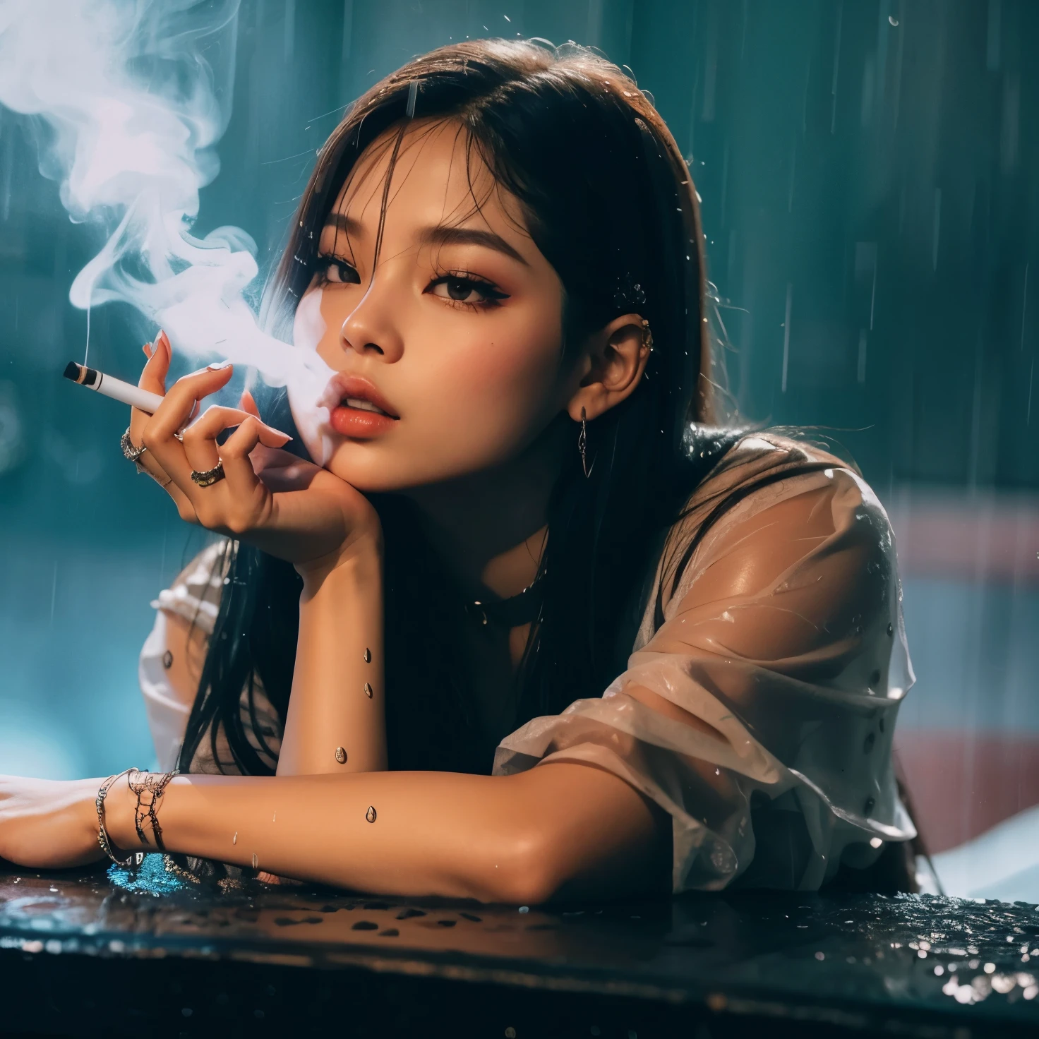 Jennie girl fumar um cigarro na chuva while sitting on a table, jennie blackpink, fumar um cigarro na chuva, chovendo, Aesthetics of rain, ulzzang chinesa, Clima chuvoso, jennie do blackpink, garota chinesa, primeira onda, jennie kim, garota chinesa bonita, jennie, brilhante da chuva