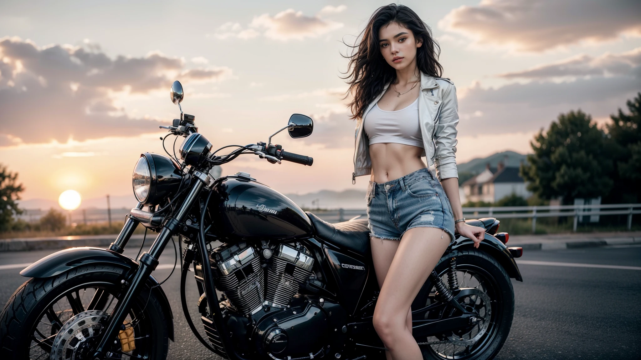 a gorgeous 20 years old European woman, black wavy hair,  standing on the road, motorbike in the background, sexy pose, white cotton crop top, super short denim shorts, leather jacket, Looking at the camera, full body pics (in the sunset light:1.2),
perfect eyes, perfect hands, perfect body, perfect hair, perfect breast, hair behind ear, blurry foreground, UHD, retina, masterpiece, accurate, anatomically correct, textured skin, super detail, high details, high quality, award winning, best quality, highres, 16k, 8k