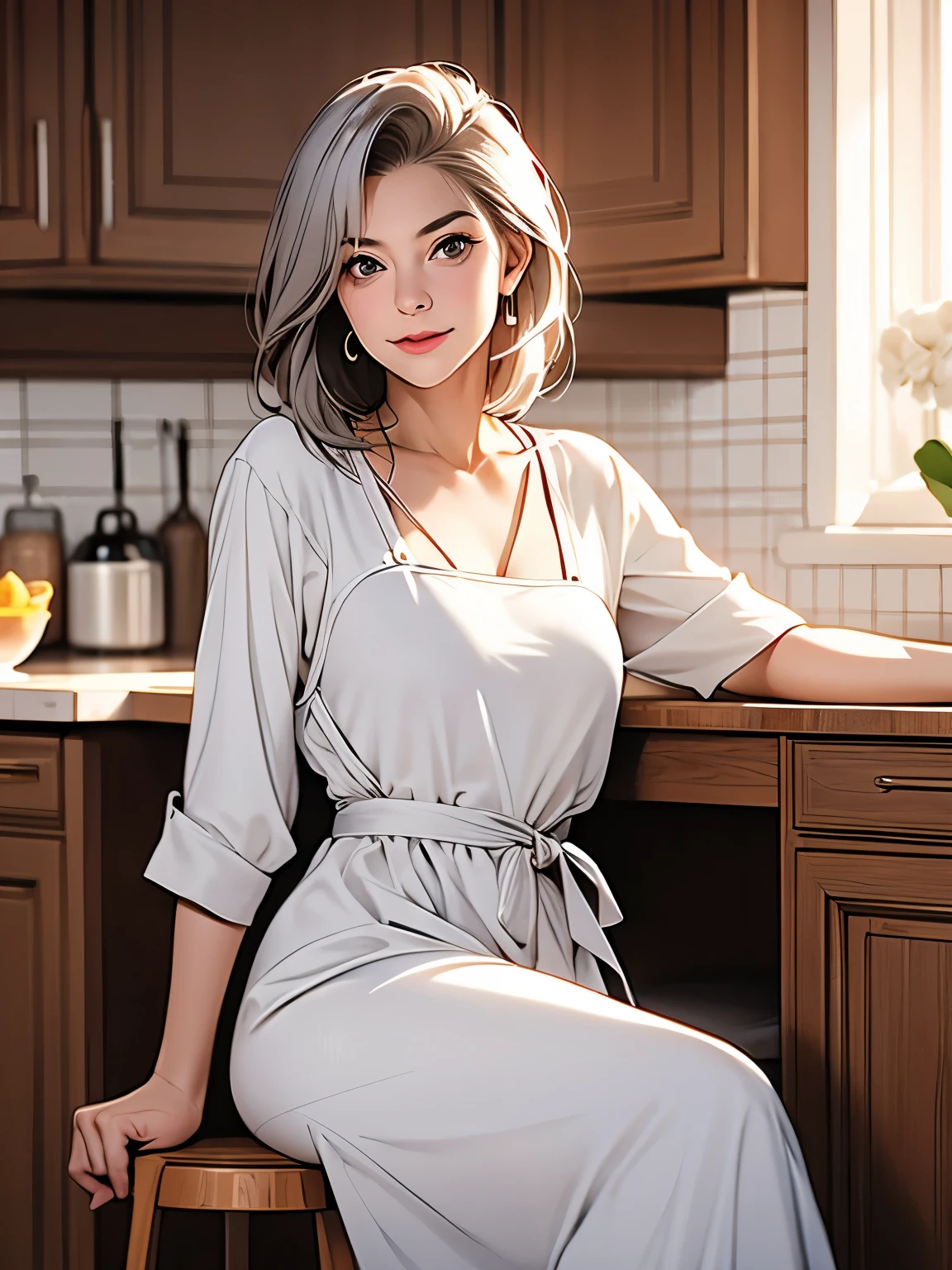 portrait of a 65-year-old woman with gray hair, seductive gaze, brown eyes, some wrinkles on her face, she  wearing a very sexy white apron that reveals a small breast, sits on the kitchen stool, 8k, detailed background, wrinkles on body, showing full body, full body, open your legs, quite small breasts are exposed, detailed face, detailed eyes, beautiful face