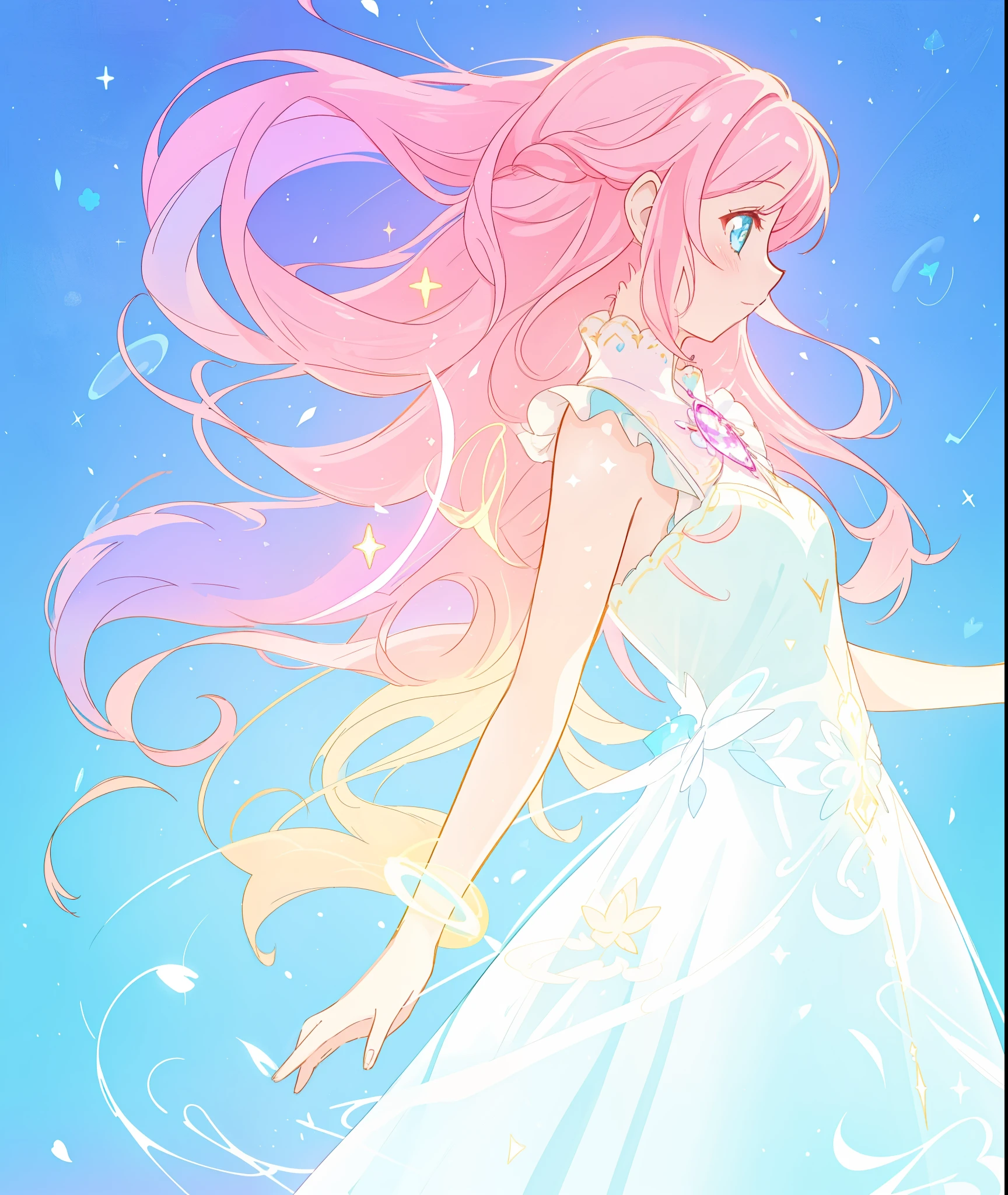 beautiful girl,  white ballgown, vibrant pastel colors, (colorful), long flowing liquid pink hair, magical lights, sparkling magical liquid, inspired by Glen Keane, inspired by Lois van Baarle, disney art style, by Lois van Baarle, glowing aura around her, by Glen Keane, jen bartel, glowing lights! digital painting, flowing glowing hair, glowing flowing hair, beautiful digital illustration, fantasia background, whimsical, magical, fantasy, ((masterpiece, best quality)), intricate details, highly detailed, sharp focus, 8k resolution, sparkling detailed eyes, liquid watercolor