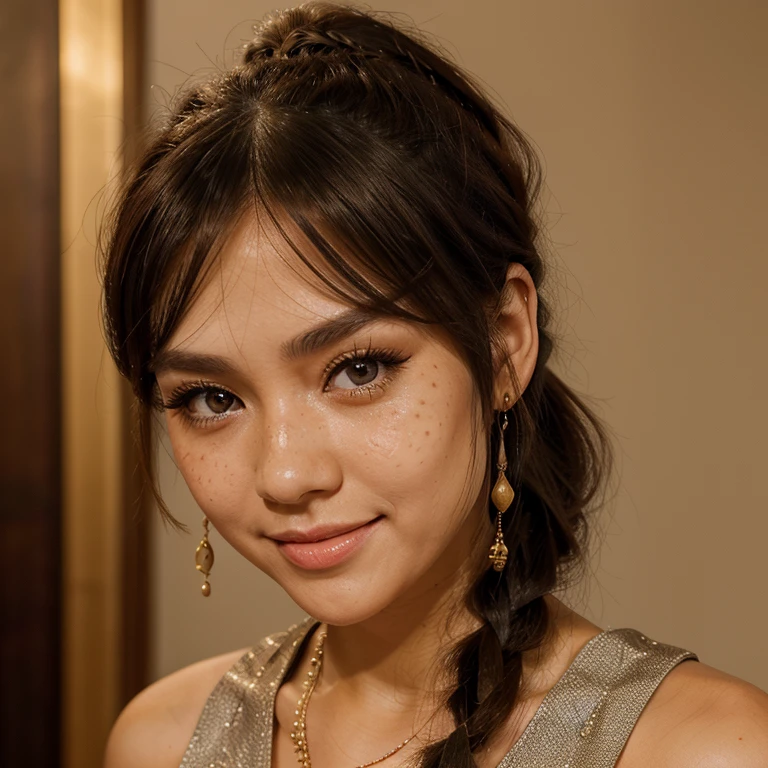 Jessica Degg short chubby face brunette long ponytail straight hair Caucasian freckles fake tan eyelashes dark eyes eyeshadow make up smiling jewellery short chains Chinese traditional dress
