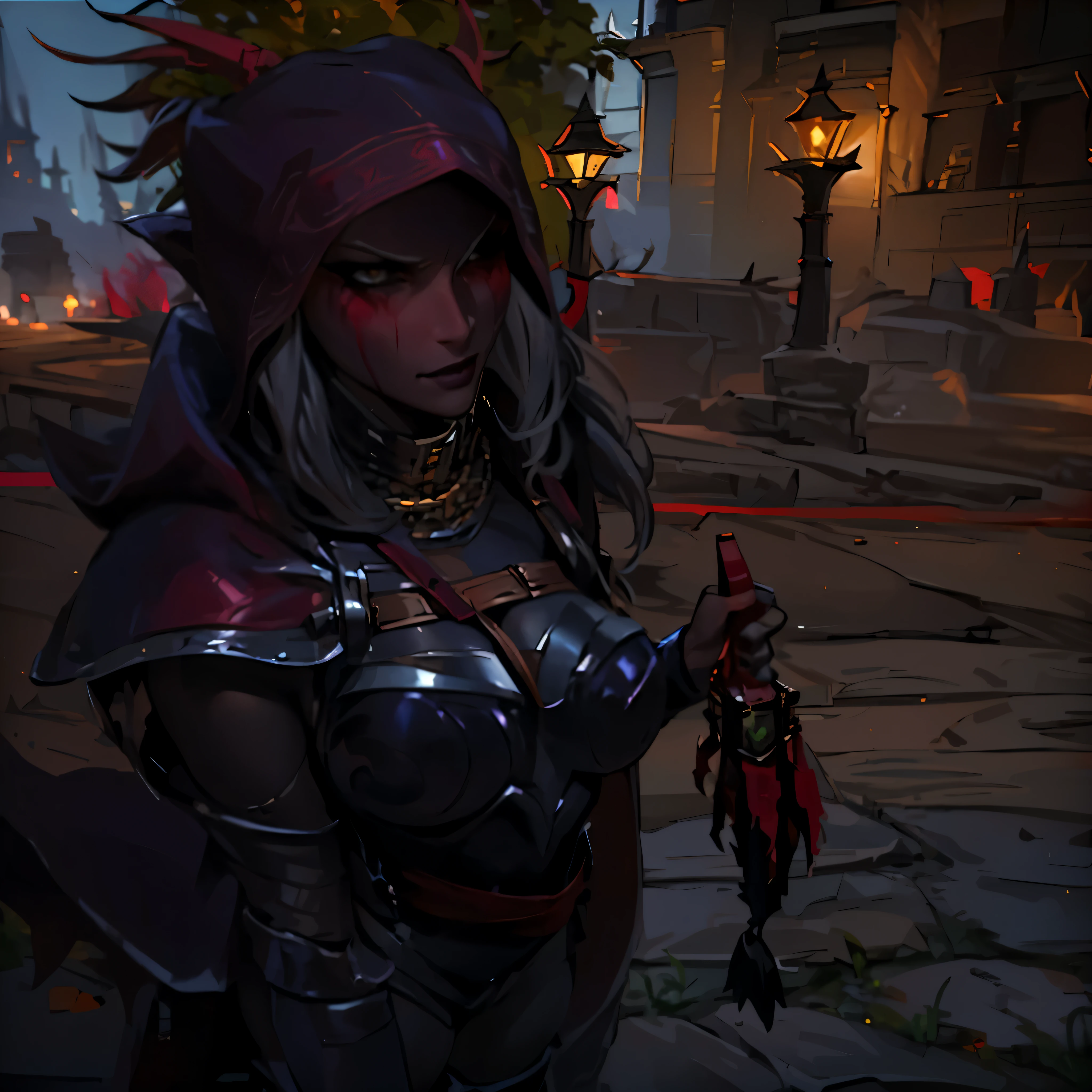 a close up of a person in a costume standing on a street, wearing cloak on blasted plain, female rogue, heavy, wearing tribal armor, warrior outfit, backveiw picture of demon rogue, crimson attire, female rouge assassin, tribal armor, wearing shiny breastplate, blacksmith's outfit, wearing cultist red robe, multilayered outfit