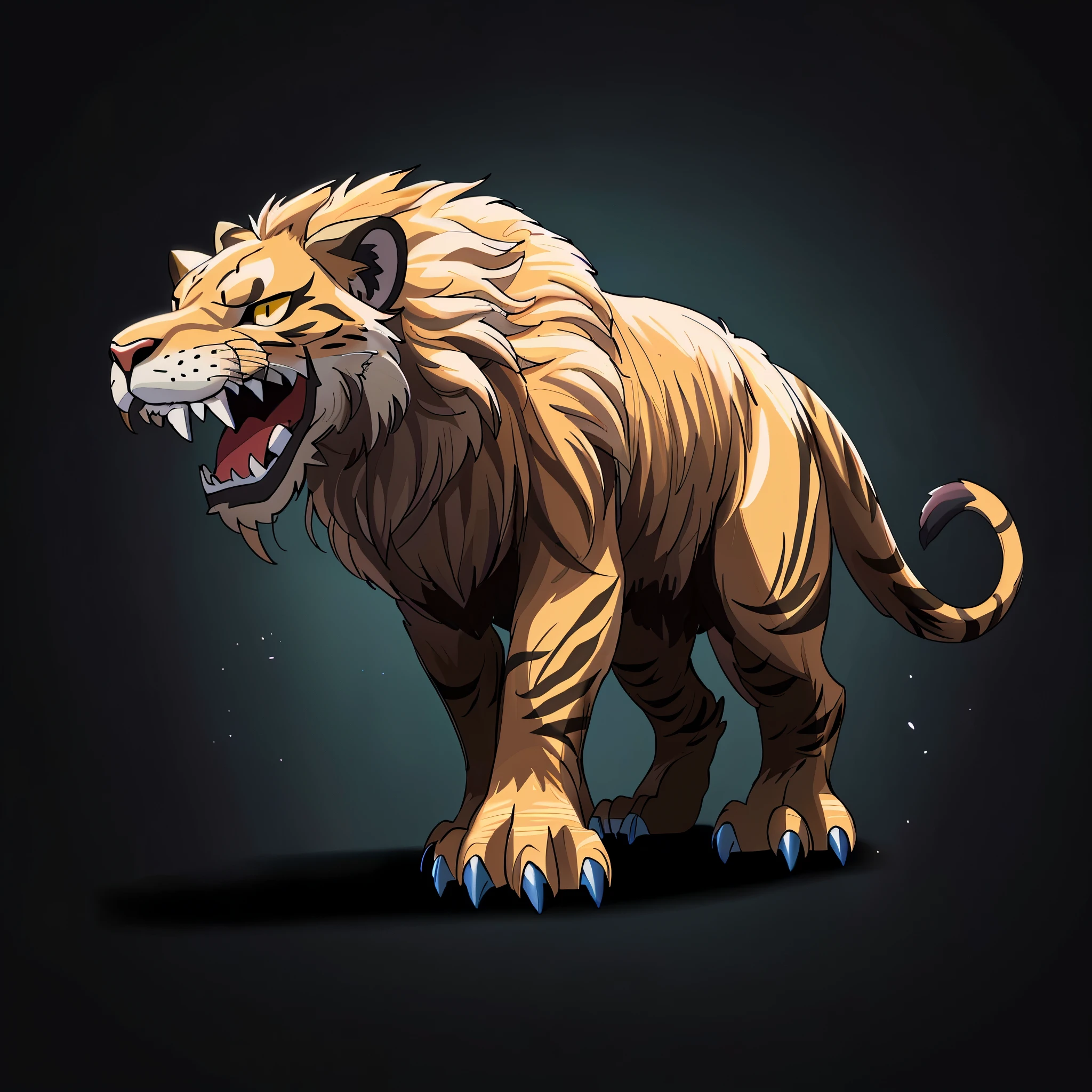 cartoon lion with open mouth and claws on a dark background, highly detailed animal monster, sabertooth cat, tiger_beast, sabertooth, manticore, lion, 2 d full body lion, lion body, smilodon, depicted as a (((flat illustration))), strong and ferocious, realistic creature concept, highly detailed creature, complete whole lion body, hd illustration