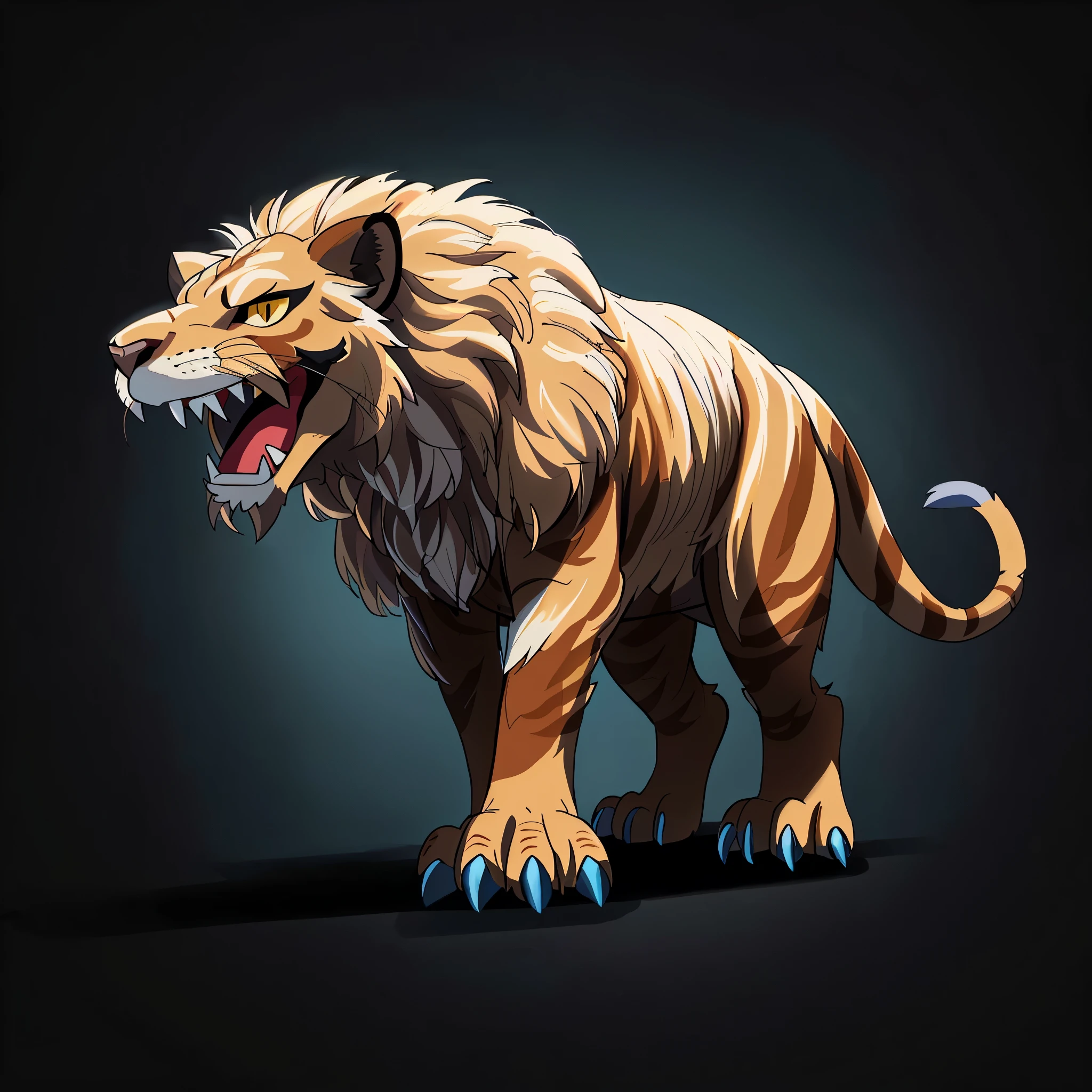cartoon lion with open mouth and claws on a dark background, highly detailed animal monster, sabertooth cat, tiger_beast, sabertooth, manticore, lion, 2 d full body lion, lion body, smilodon, depicted as a (((flat illustration))), strong and ferocious, realistic creature concept, highly detailed creature, complete whole lion body, hd illustration