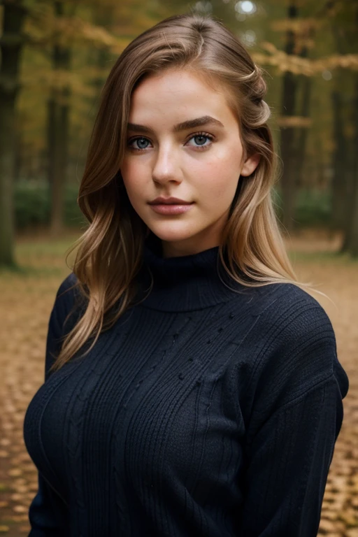 1girl 18 years old, nur, Lange Haare, midsize boobs, pullover, Blick auf den Betrachter, hellblondes Haar, nackte Schultern, braune Augen, Schmuck, full entire body, Halskette, schulterfrei, outfit, lips, realistisch, Nase, Flirten mit der Kamera, portrait, nature