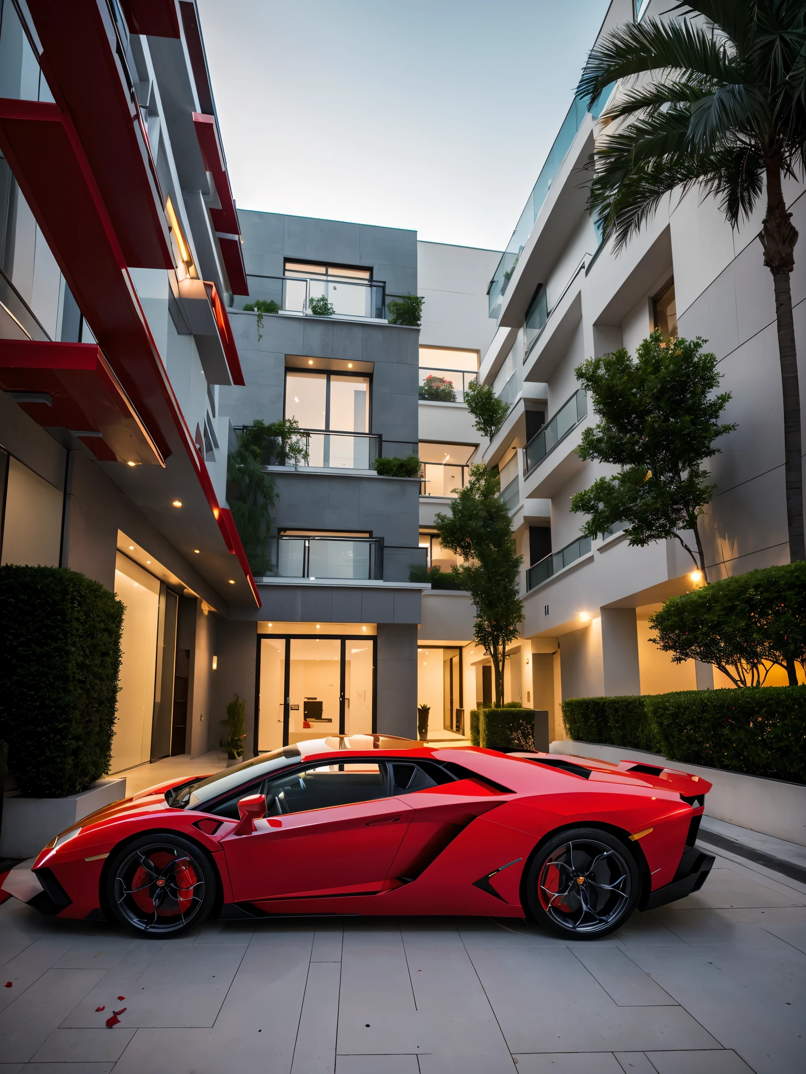 Photo of a bright red Lamborghini Aventador　detailed description　realistic and three-dimensional　super high quality　ultra high resolution　　Parked on the road in front of the entrance of a super luxury condominium.　Stylish lighting　stylish street tree　Marble exterior wall　beautiful sunset　(Shooting from the side)