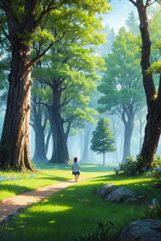 draw a beautiful nature with a lot of green grass, trees, heaven on earth