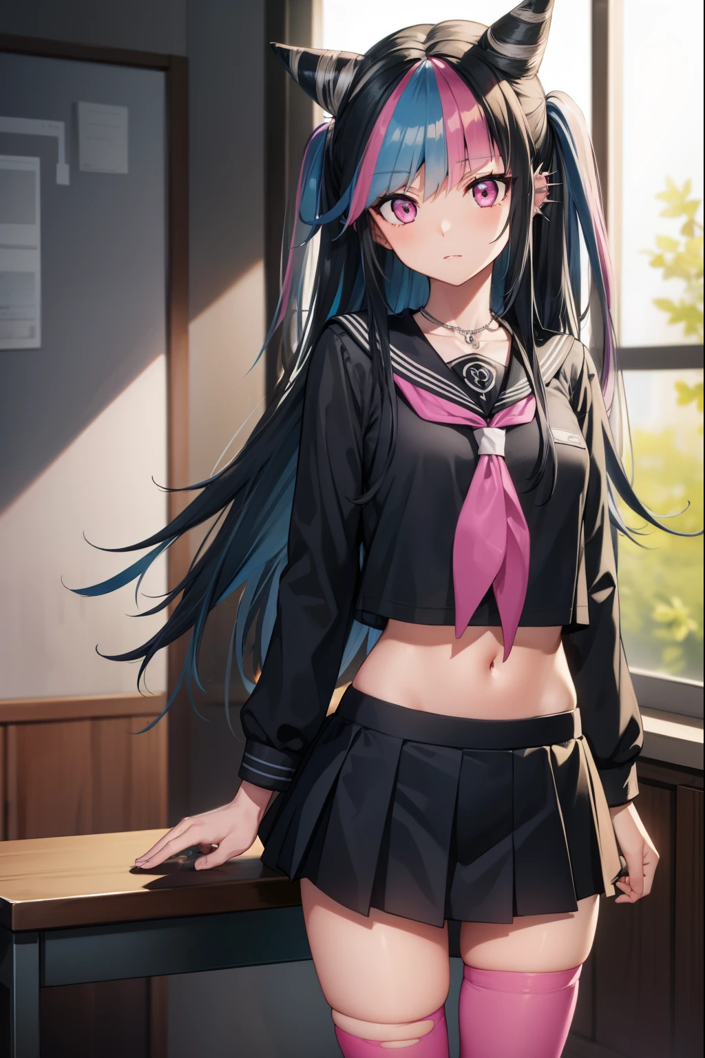 ibukimioda, ibuki mioda, black hair, blue hair, hair horns, ear piercing, lip piercing, long hair, multicolored hair, (pink eyes:1.5), pink hair, white hair,
BREAK asymmetrical legwear, black skirt, blue thighhighs, jewelry, mismatched legwear, neckerchief, necklace, piercing, pleated skirt, ring, school uniform, serafuku, shirt, skirt, thighhighs, torn clothes, torn thighhighs, zettai ryouiki,
BREAK looking at viewer,
BREAK indoors, classroom,
BREAK (masterpiece:1.2), best quality, high resolution, unity 8k wallpaper, (illustration:0.8), (beautiful detailed eyes:1.6), extremely detailed face, perfect lighting, extremely detailed CG, (perfect hands, perfect anatomy),