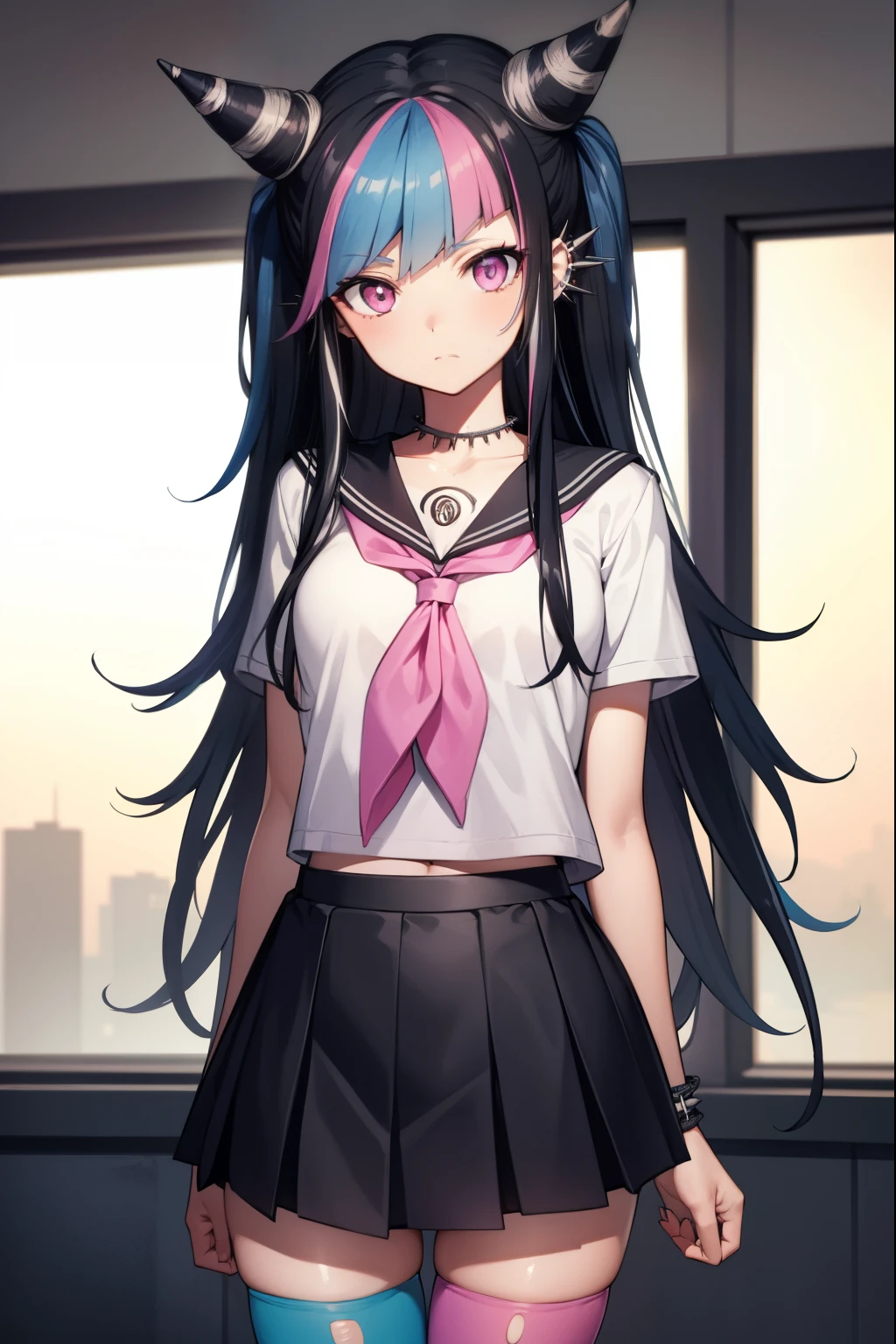 ibukimioda, ibuki mioda, black hair, blue hair, hair horns, ear piercing, lip piercing, long hair, multicolored hair, (pink eyes:1.5), pink hair, white hair,
BREAK asymmetrical legwear, black skirt, blue thighhighs, jewelry, mismatched legwear, neckerchief, necklace, piercing, pleated skirt, ring, school uniform, serafuku, shirt, skirt, thighhighs, torn clothes, torn thighhighs, zettai ryouiki,
BREAK looking at viewer,
BREAK indoors, classroom,
BREAK (masterpiece:1.2), best quality, high resolution, unity 8k wallpaper, (illustration:0.8), (beautiful detailed eyes:1.6), extremely detailed face, perfect lighting, extremely detailed CG, (perfect hands, perfect anatomy),