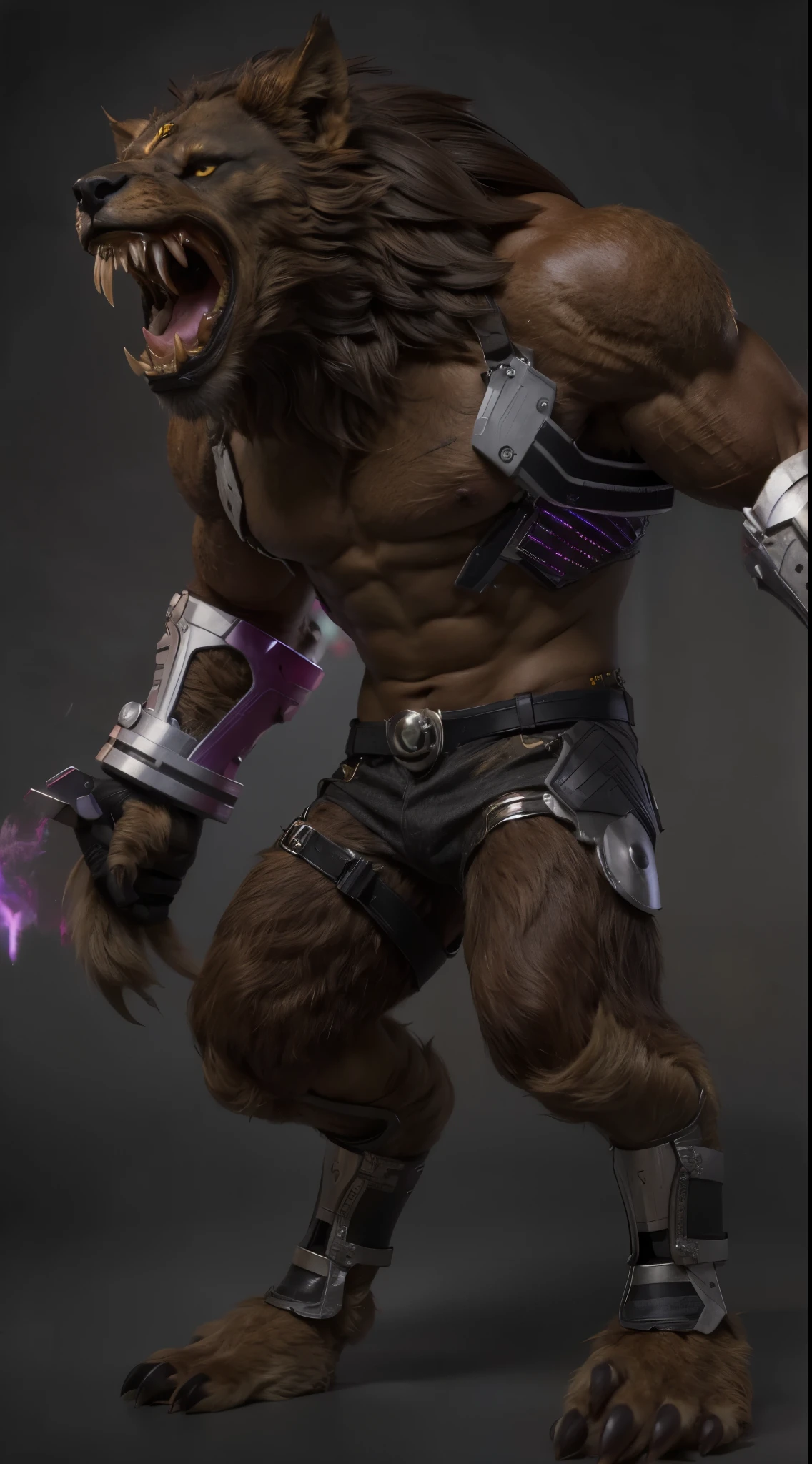(masterpiece),(best quality:1.0),(ultra high resolution:1.0),monster , were wolf, back, yellow eyes, fangs, claws, short, lion mane, facial focus, wolfteam, 8k wallpaper, full body