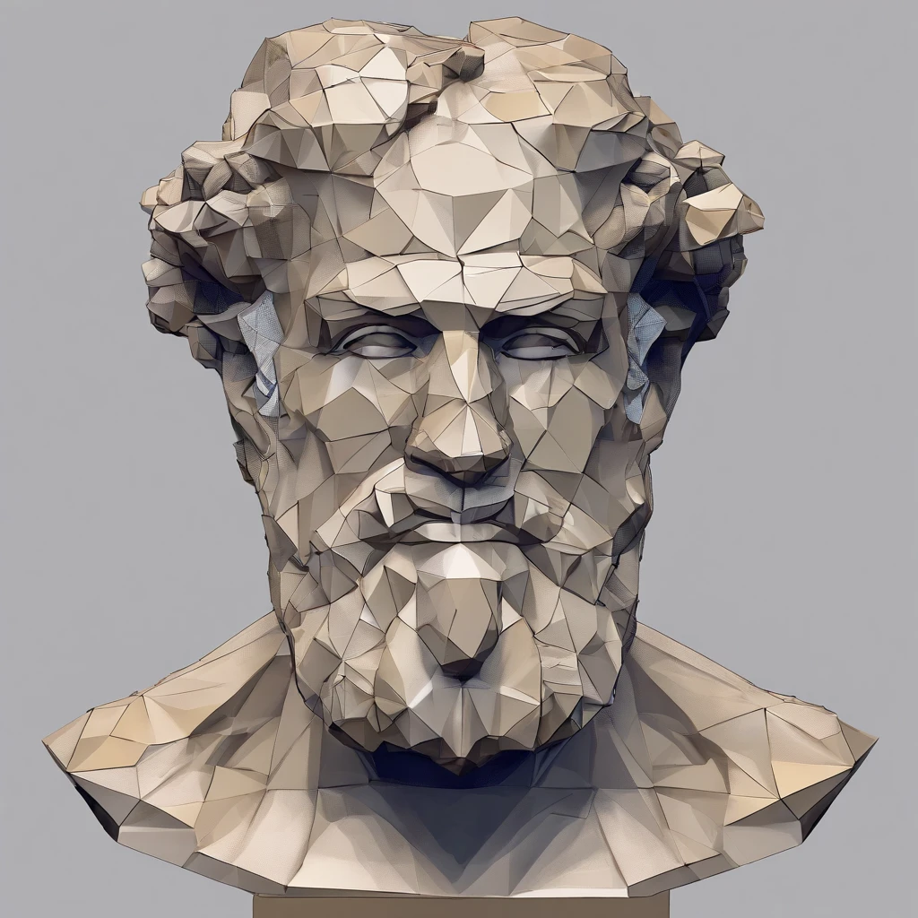 Floating poly greek bust made to look like a post apocalyptic earth ravaged by biohazards and toxins.
