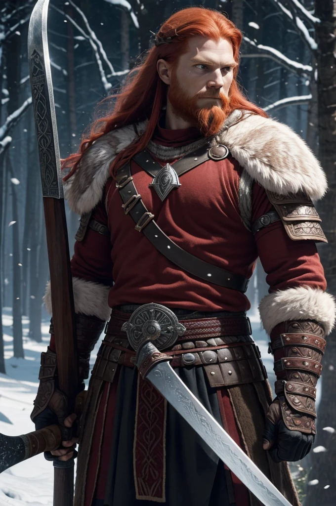 a tall red-haired viking with armor he has a cuirass covering it is made of wolf fur with an ax kept on his back, A sword in your hands, realista, arte digital premiada, Energetics, insanamente detalhado 1.5, foto de corpo inteiro, 20 mega pixels, canon EOS R3