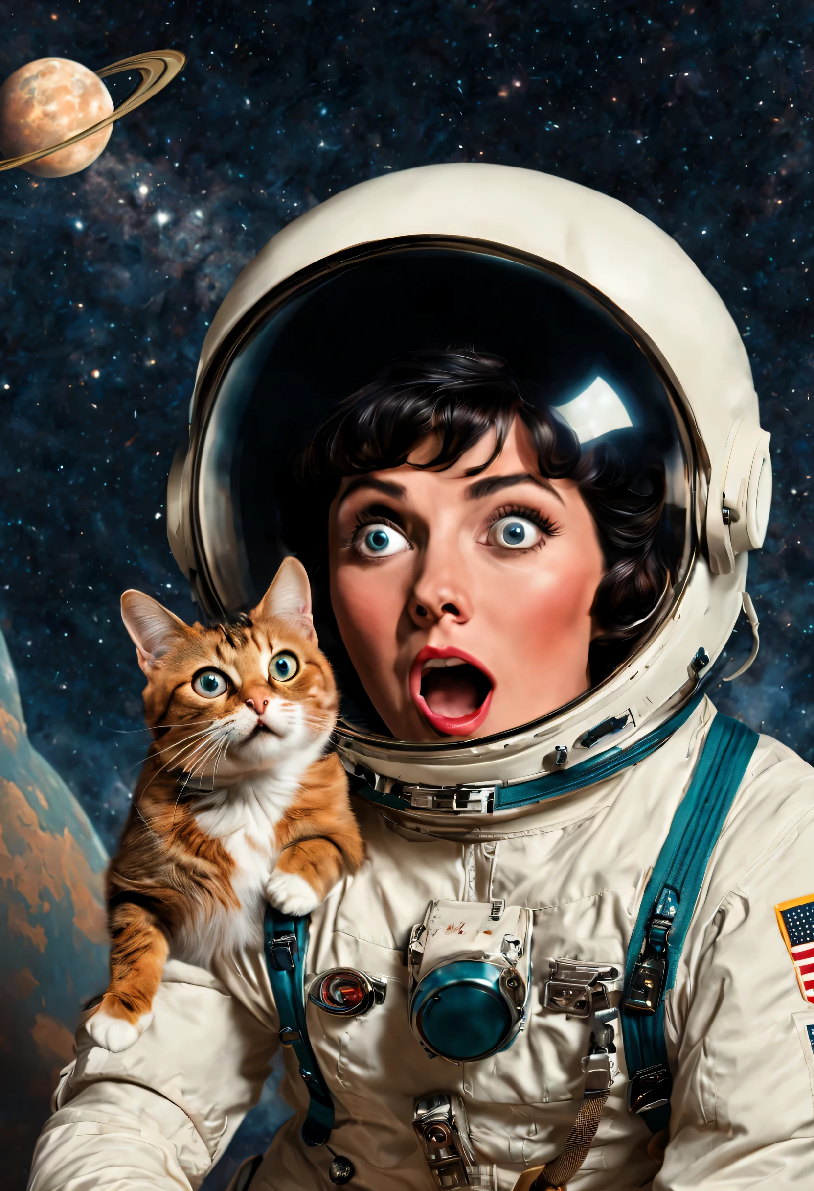 book cover of a vintage romance novel called "forgot to feed the cat" depicting a (surprised:1.5) astronaut, no text.