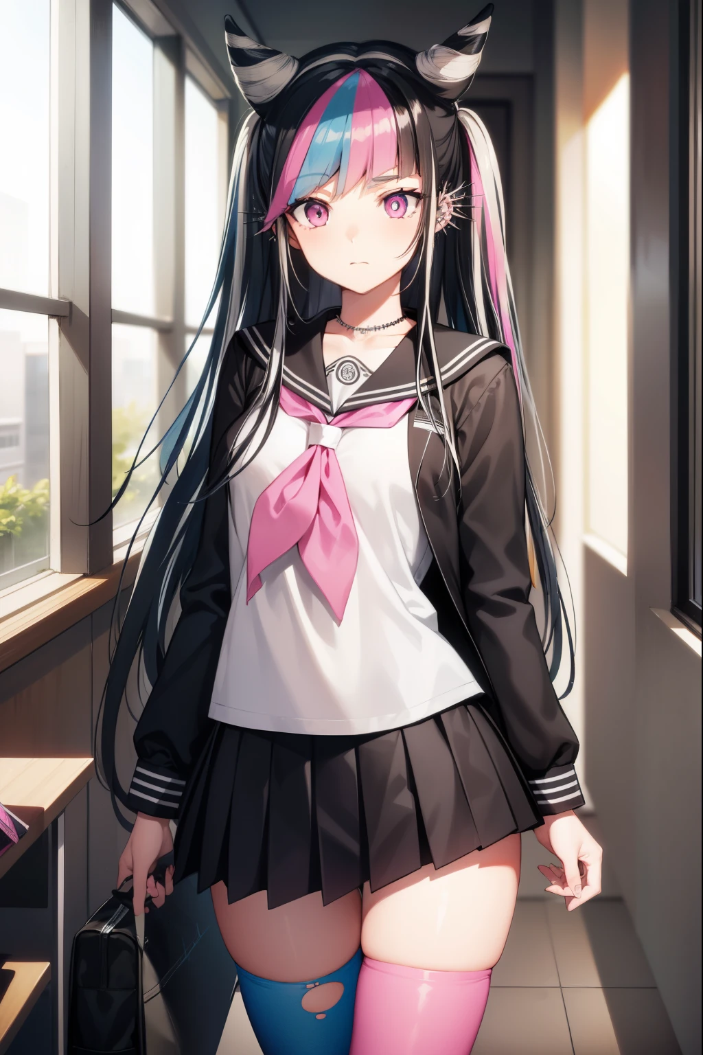 ibukimioda, ibuki mioda, black hair, blue hair, hair horns, ear piercing, lip piercing, long hair, multicolored hair, (pink eyes:1.5), pink hair, white hair,
BREAK asymmetrical legwear, black skirt, blue thighhighs, jewelry, mismatched legwear, neckerchief, necklace, piercing, pleated skirt, ring, school uniform, serafuku, shirt, skirt, thighhighs, torn clothes, torn thighhighs, zettai ryouiki,
BREAK looking at viewer,
BREAK indoors, classroom,
BREAK (masterpiece:1.2), best quality, high resolution, unity 8k wallpaper, (illustration:0.8), (beautiful detailed eyes:1.6), extremely detailed face, perfect lighting, extremely detailed CG, (perfect hands, perfect anatomy),