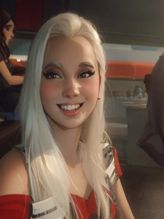 blonde woman with long white hair smiling at the camera in a restaurant, imagem de perfil, powder Nándor Katona, lorena avarez, foto de perfil, imagem de perfil, foto de baixa qualidade, imagem de perfilture, Mulher de 30 anos de Cuba, Alanis Guillen, Marischa Becker, not blurry, 3 0 anos mulher, Back photo