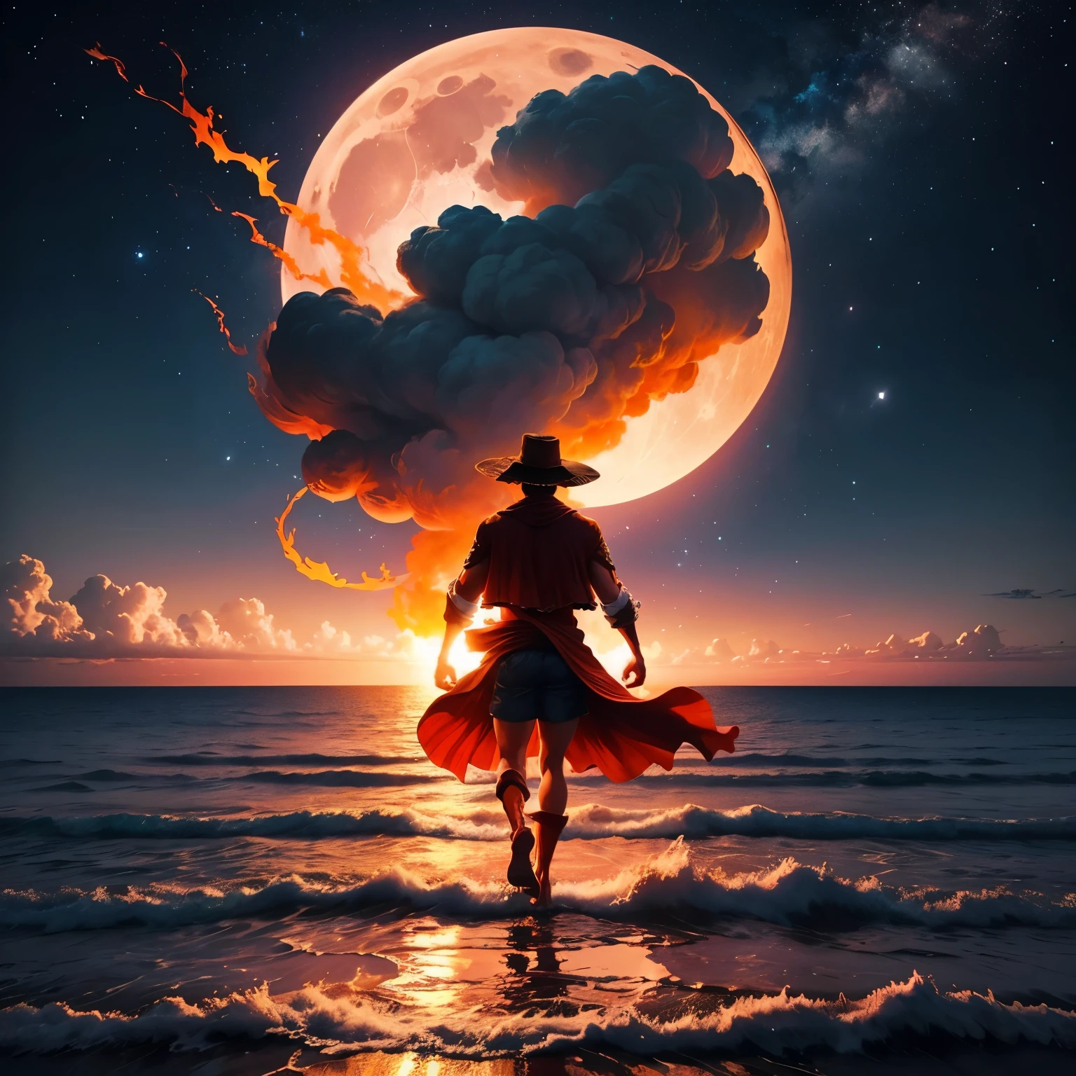 image taken from the back of Luffy with some redish fire walking on water toward the moon while the sky is full of stars having a motivational, mysterious and inspiring theme make it a bit cinematic like a hero entrance