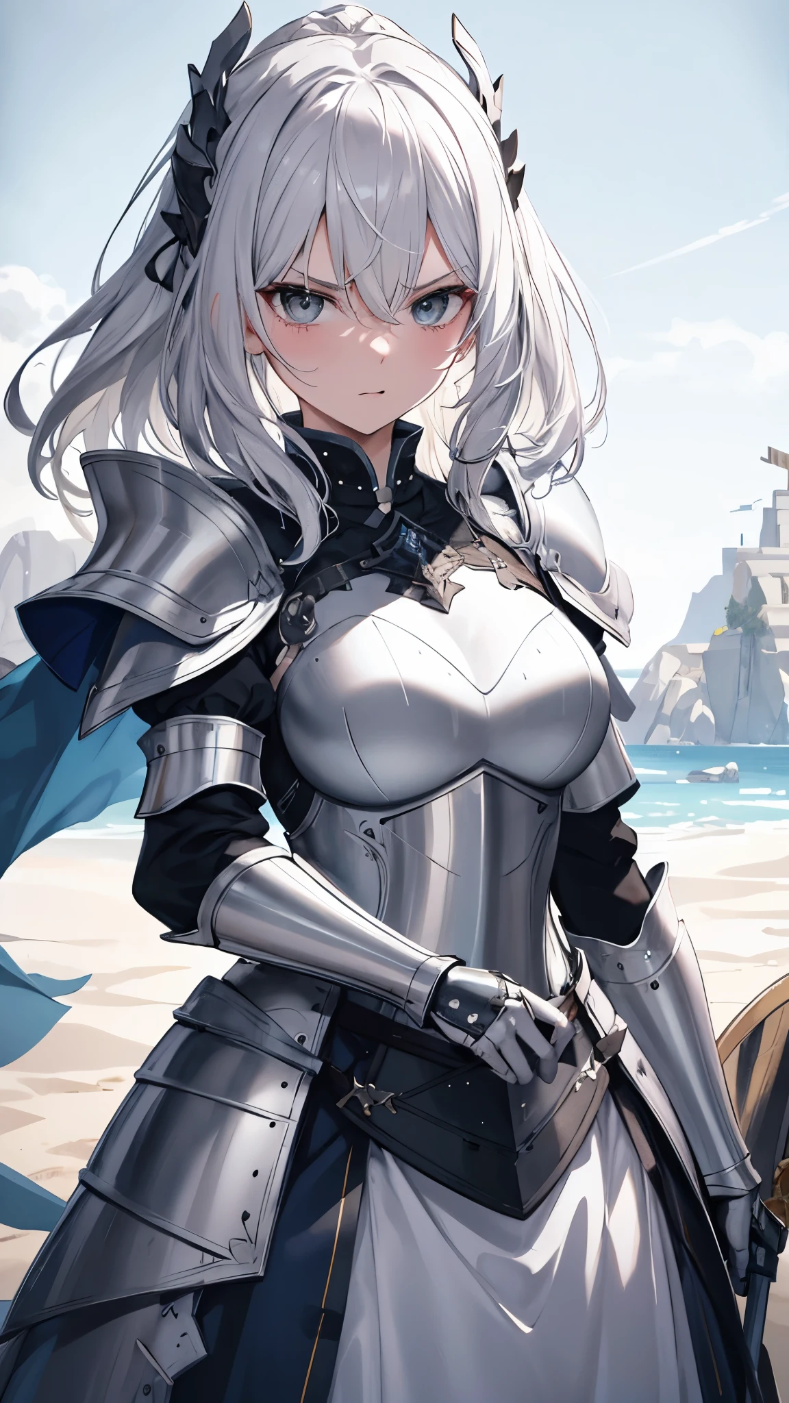 [[[ ultra-detailed, best quality, soft skin, beautiful, 4K]]], (masterpiece 2.1) pov, gray eyes, white hair with shades of blue, regal medieval armor, medium hair, hair down, mature, battle maiden armor, shouting, angry, 