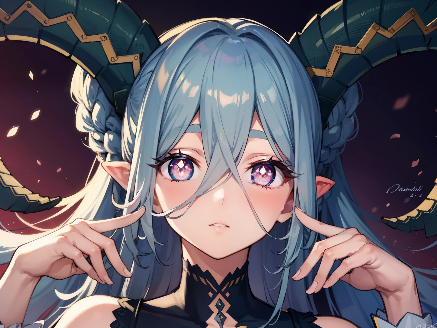 Tiamat, Tiamat, absurdly long hair, sea green hair, hair, curled horns, Gradient Hair, horns, long horns, multicolored hair, pink eyes, pointed ears, pupils in the form of symbols, twin hairs, (x-shaped pupils:1.5),
BREAK ,
BREAK looking at viewer,
BREAK outdoors,
BREAK (masterpiece:1.2), Best quality, a high resolution, Unity 8k Wallpaper, (illustration:0.8), (beautiful detailed eyes:1.6), very detailed face, perfect lighting, Extremely detailed computer graphics, (perfect hands, perfect anatomy),