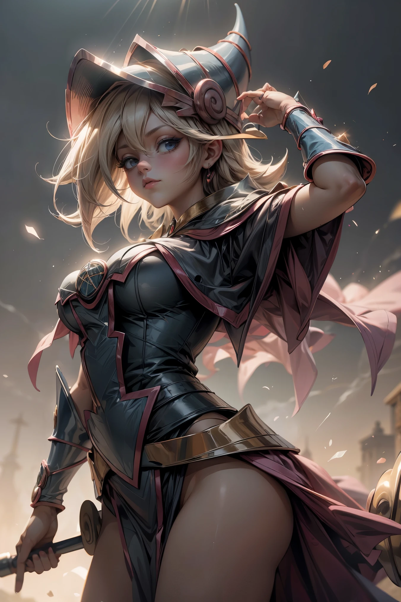 (Obra maestra:1.2), (La mejor calidad:1.2), Perfect lighting, Chica Maga Oscura lanzando un hechizo, In his twenties, flotando en el aire, tetas grandes, escote, blue robe, sombrero grande, desde arriba, Destellos, Yugioh juego, Magic of the Heart. Heart lights, Romantic Heart