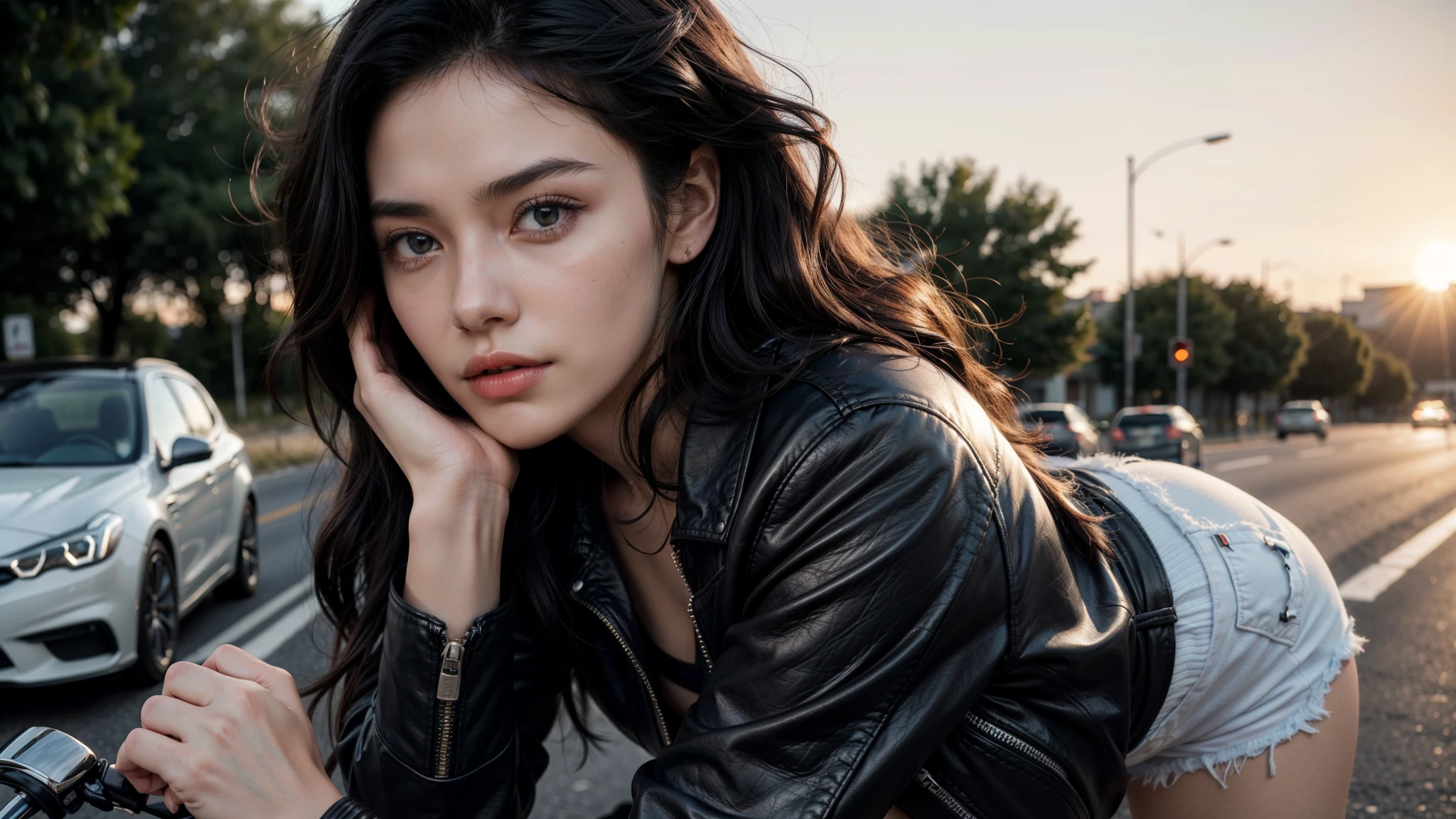 a gorgeous 20 years old European woman, black wavy hair, standing on the road, motorbike in the background, white cotton crop top, super short denim shorts, leather jacket, Looking at the camera, full body pics (in the sunset light:1.2),
perfect eyes, perfect hands, perfect body, perfect hair, perfect breast, hair behind ear, blurry foreground, UHD, retina, masterpiece, accurate, anatomically correct, textured skin, super detail, high details, high quality, award winning, best quality, highres, 16k, 8k