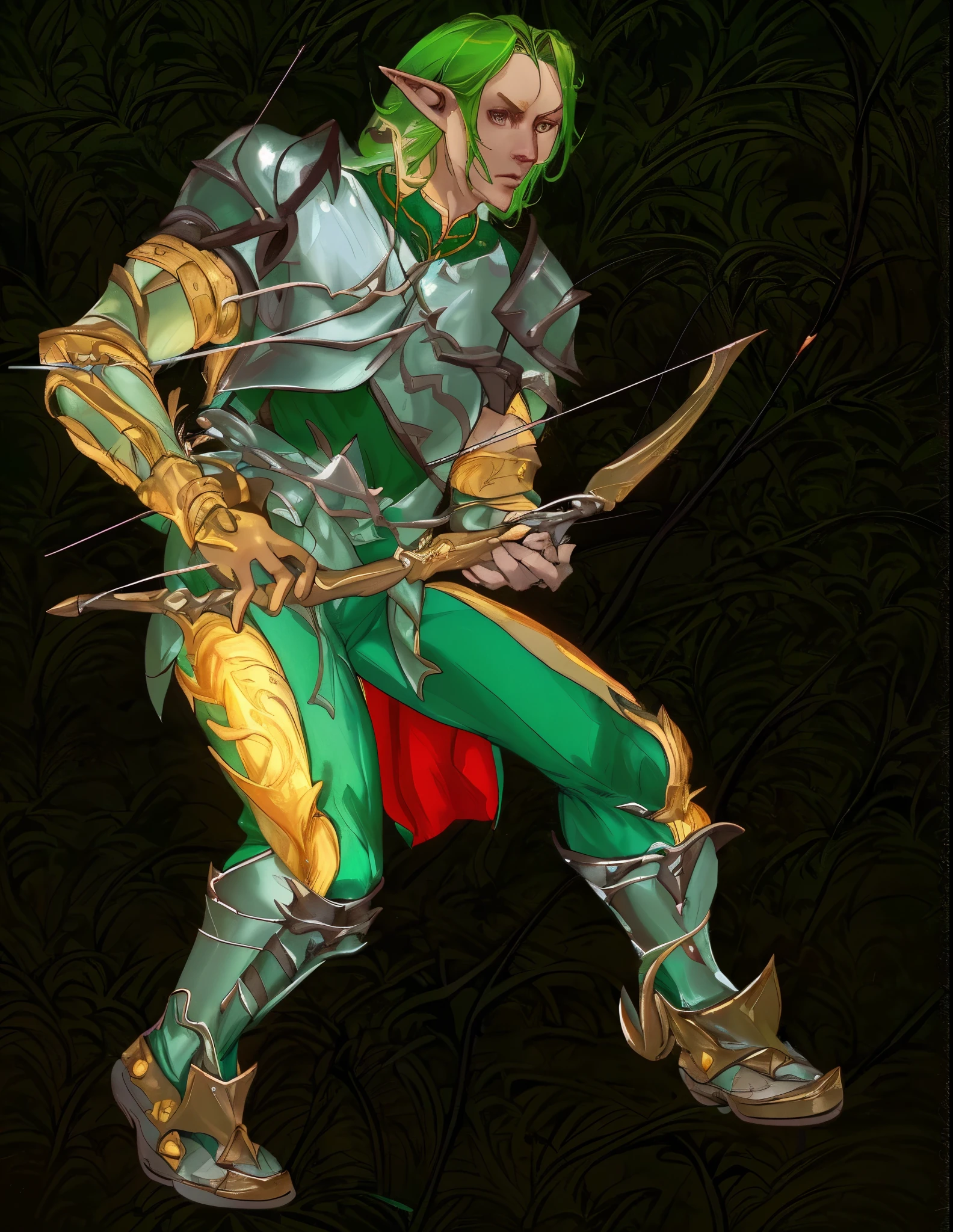 An elven archer with unparalleled precision and agility. he is equipped with a magical bow and wears elegant, lightweight elven armor. His abilities focus on ranged attacks, mobility, and exploiting weak points,without background.