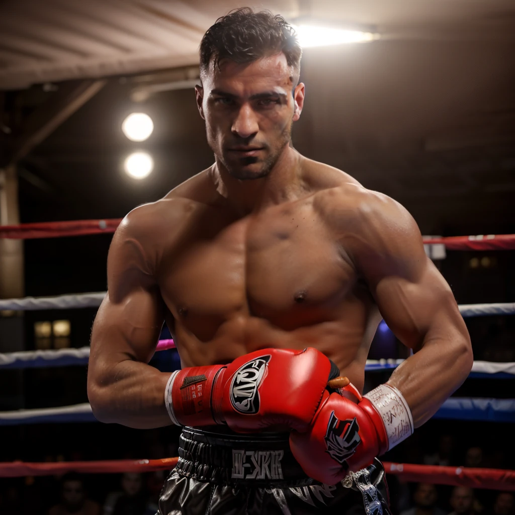 arafed male boxeur in a Boxe ring with a Boxe glove, Boxe stance, fort combattant en cuir, à la manière de Kyrill Kotashev, in a Boxe ring, kickboxeur fighter, traits masculins forts, Boxe, corps d&#39;Ernest Khalimov, posant prêt pour un combat, fort et imposant, Position de la patte sud du MMA, en position de combat, boxeur