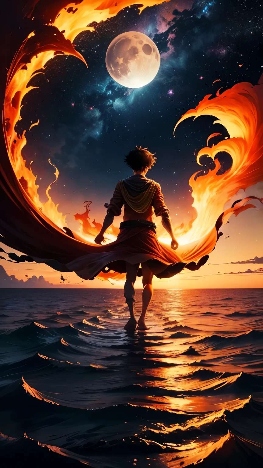 image taken from the back of Luffy with some redish fire walking on water toward the moon while the sky is full of stars having a motivational, mysterious and inspiring theme make it a bit cinematic like a hero entrance