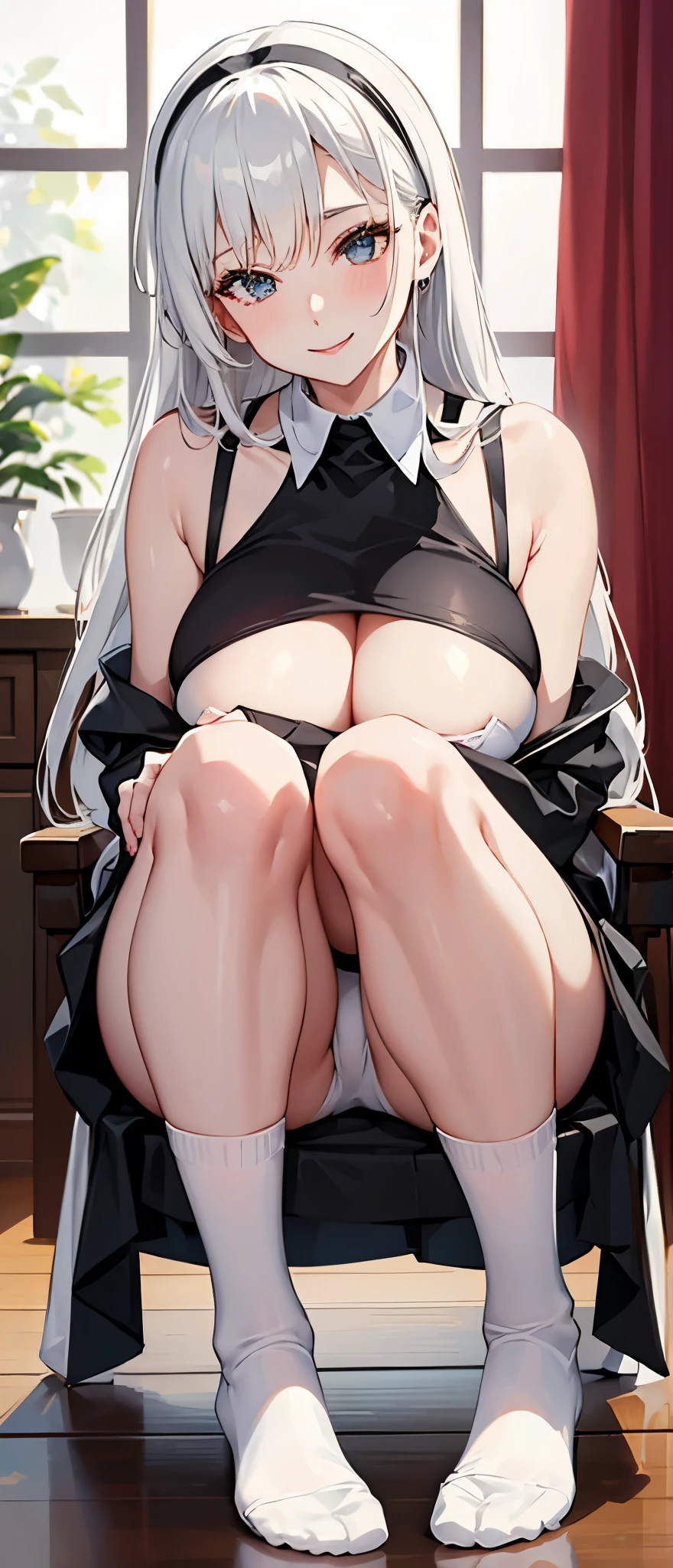 Beatiful sexy white socks , black skirt , bra , big breasts , NSFW , tall legs , smile , ( milf ) , HD , detailed eyes , white hair , ( squating banchira ) , sitting