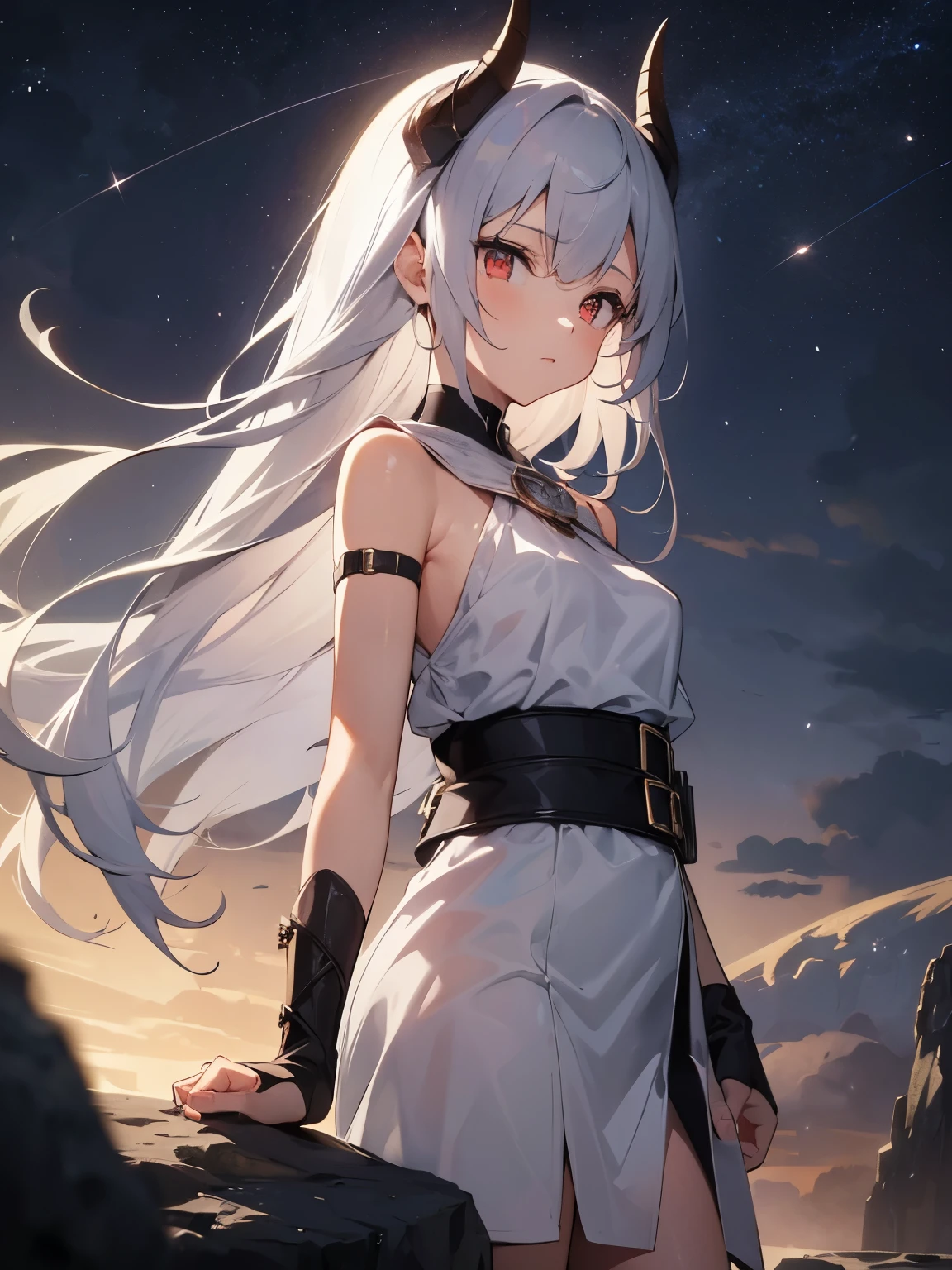 1 girl, long white hair, red eyes, black horns, black mantle, a sword on belt, standing on top of a rock, big black sky with stars, focus on the face, dragon by his side