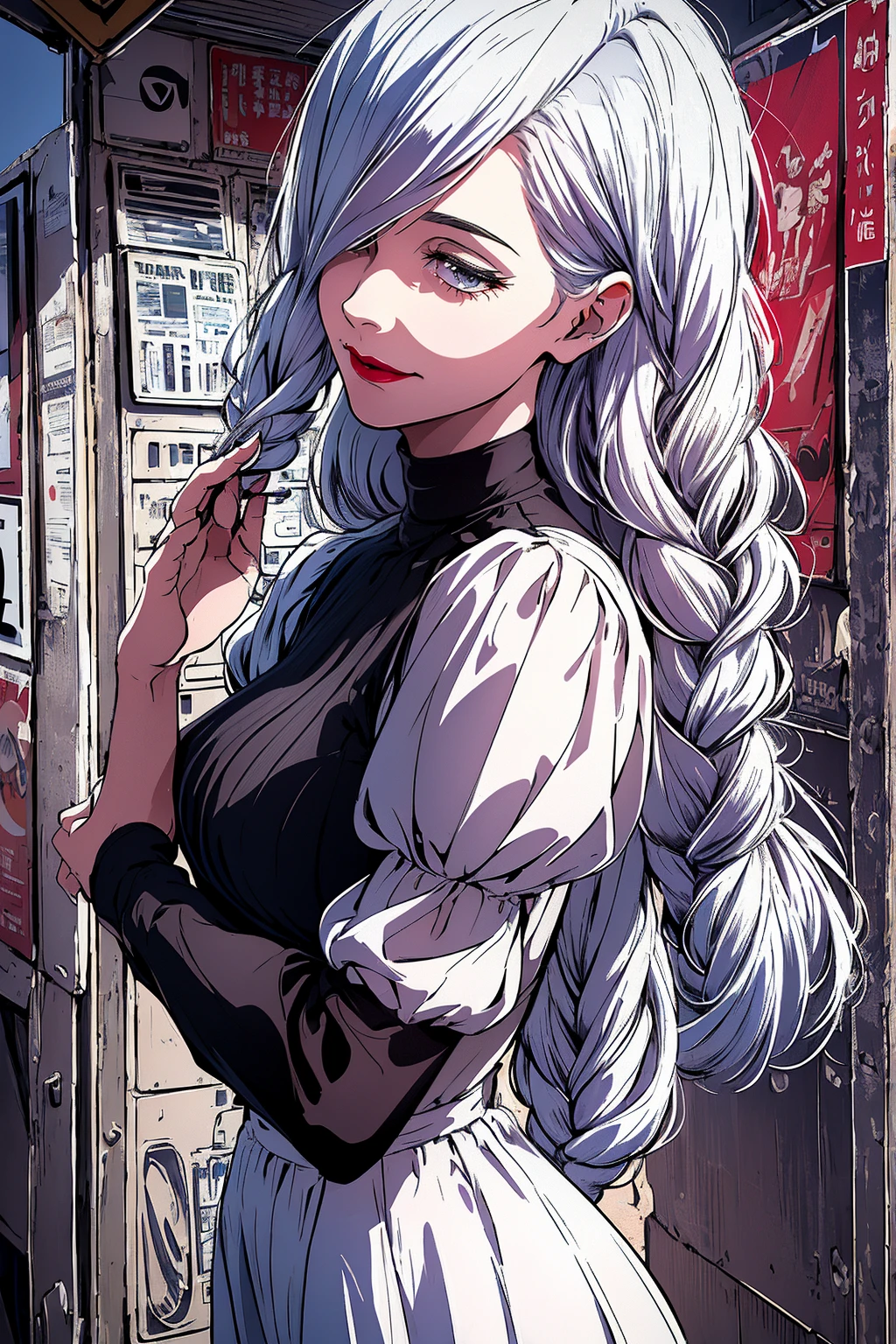 ultra realistic 8k cg, masterpiece, ((ultra detailed background, delicate pattern, intricate detail)), (highly detailed, fine detailest quality, 1girl, (photorealistic:1.4),beautiful lighting,  absurdres, RAW photo, film grain, ((medium breasts, slim girl)), 1girl, MeiMei, solo, long hair, braid, dress, hair over one eye, smile, long sleeves, braided bangs, black dress, braided ponytail, white hair, puffy sleeves, holding, turtleneck dress, makeup, grey hair, red lips, one eye covered, lipstick, parted lips, single braid, (complex detailed background, outside,  environment, cowboy shot, from behind),