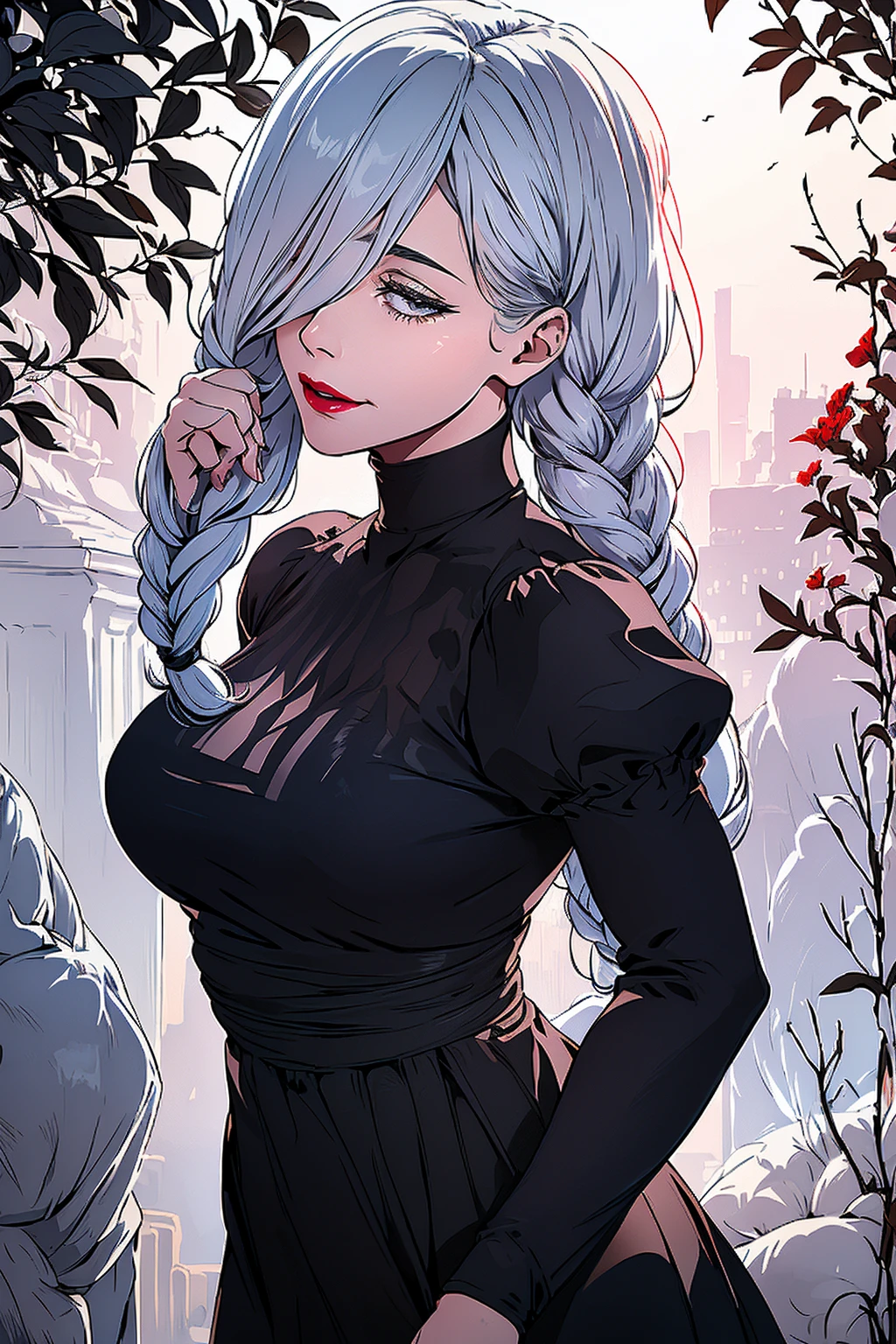 ultra realistic 8k cg, masterpiece, ((ultra detailed background, delicate pattern, intricate detail)), (highly detailed, fine detailest quality, 1girl, (photorealistic:1.4),beautiful lighting, absurdres, RAW photo, film grain, ((medium breasts, slim girl)), 1girl, MeiMei, solo, long hair, braid, dress, hair over one eye, smile, long sleeves, braided bangs, black dress, braided ponytail, white hair, puffy sleeves, holding, turtleneck dress, makeup, grey hair, red lips, one eye covered, lipstick, parted lips, single braid, (complex detailed background, outside, environment),