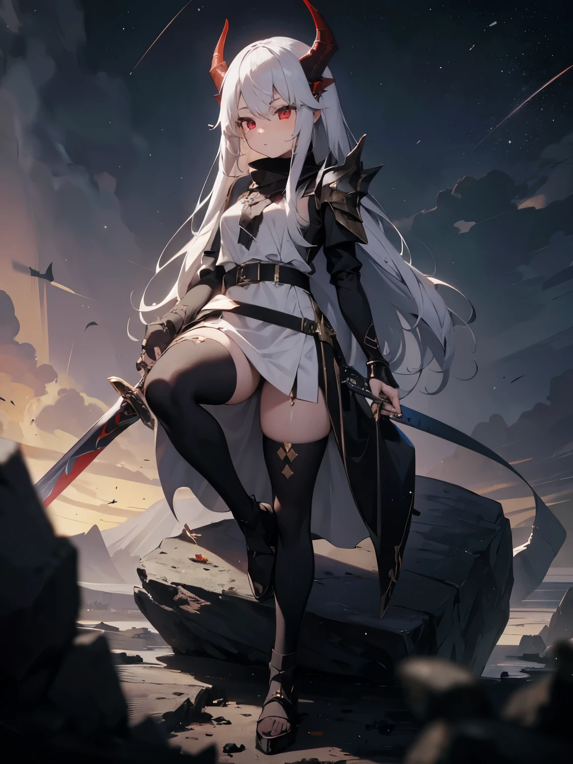 1 girl, long white hair, red eyes, black horns, ((black mantle)), (a sword on belt), standing on top of a rock, (standing on spine of dragon) , big black sky with stars, focus on the face, dramatic lighting,