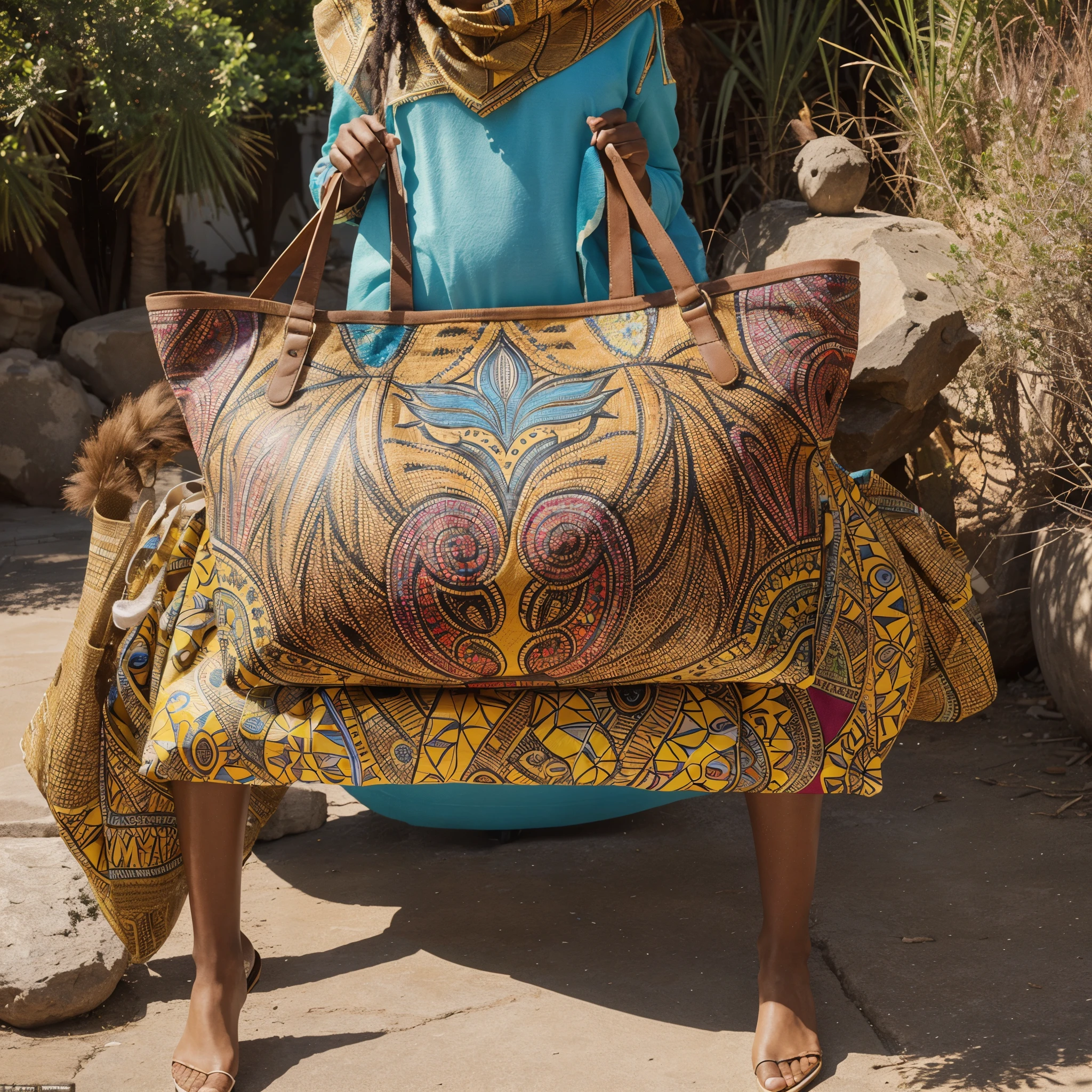Produce contemporary textile art, inspired by modern African style elements, aimed at a young demographic. Create a design pattern for a futuristic, multifunctional, portable women's shoulder bag, incorporating vibrant, geometric African motifs. In the centre of the bag, integrate an artistic drawing of a lion made up of patterns and shapes typical of African arts. The colours should be bright and energetic, conveying joy, confidence and elegance. The design should be attractive and versatile, suitable for use on different fabrics and scales