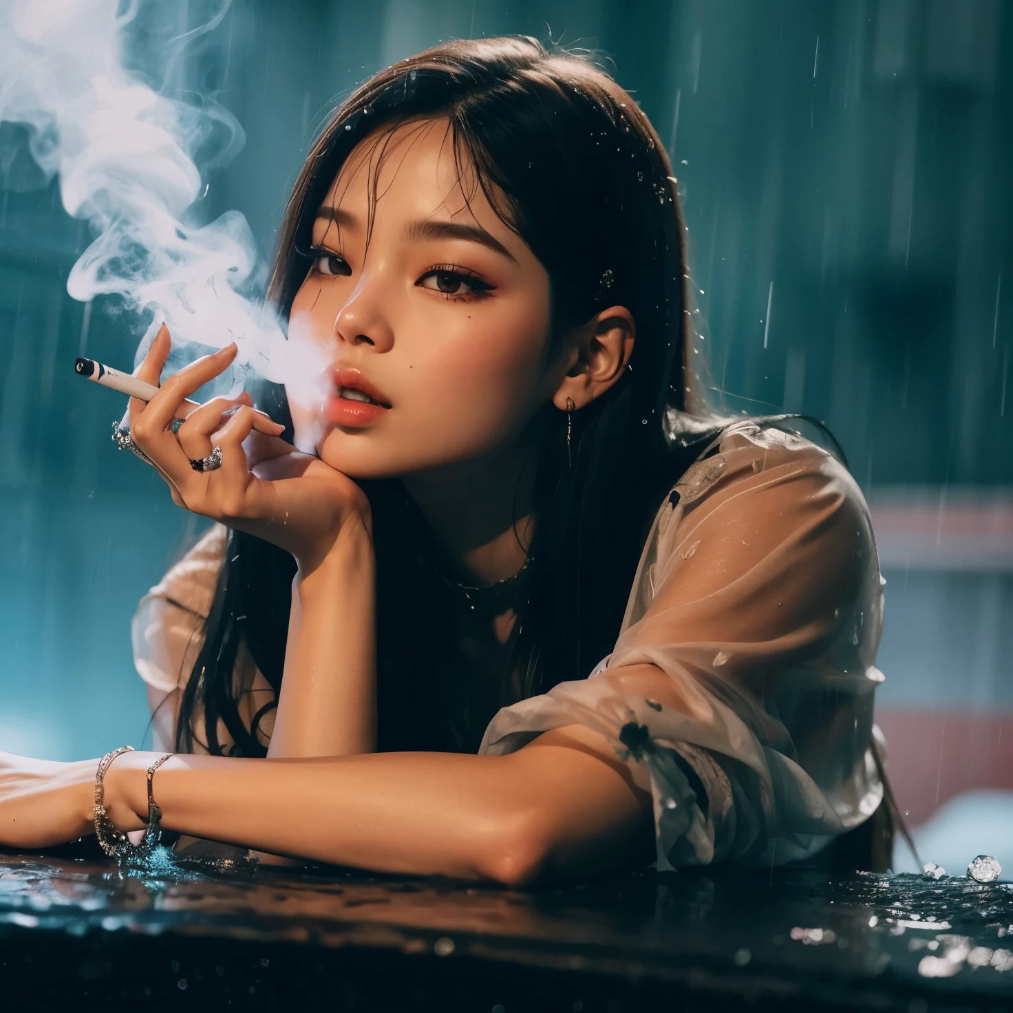 Jennie girl fumar um cigarro na chuva while sitting on a table, jennie blackpink, fumar um cigarro na chuva, chovendo, Aesthetics of rain, ulzzang chinesa, Clima chuvoso, jennie do blackpink, garota chinesa, primeira onda, jennie kim, garota chinesa bonita, jennie, brilhante da chuva